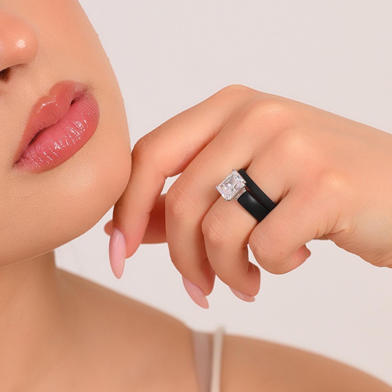 Emerald Cut CZ Silicone Ring Set for Women, Stackable 2-Ring Set, 10x8 mm CZ Stone, Thin Band, Patented Design, GlowStone Collection
