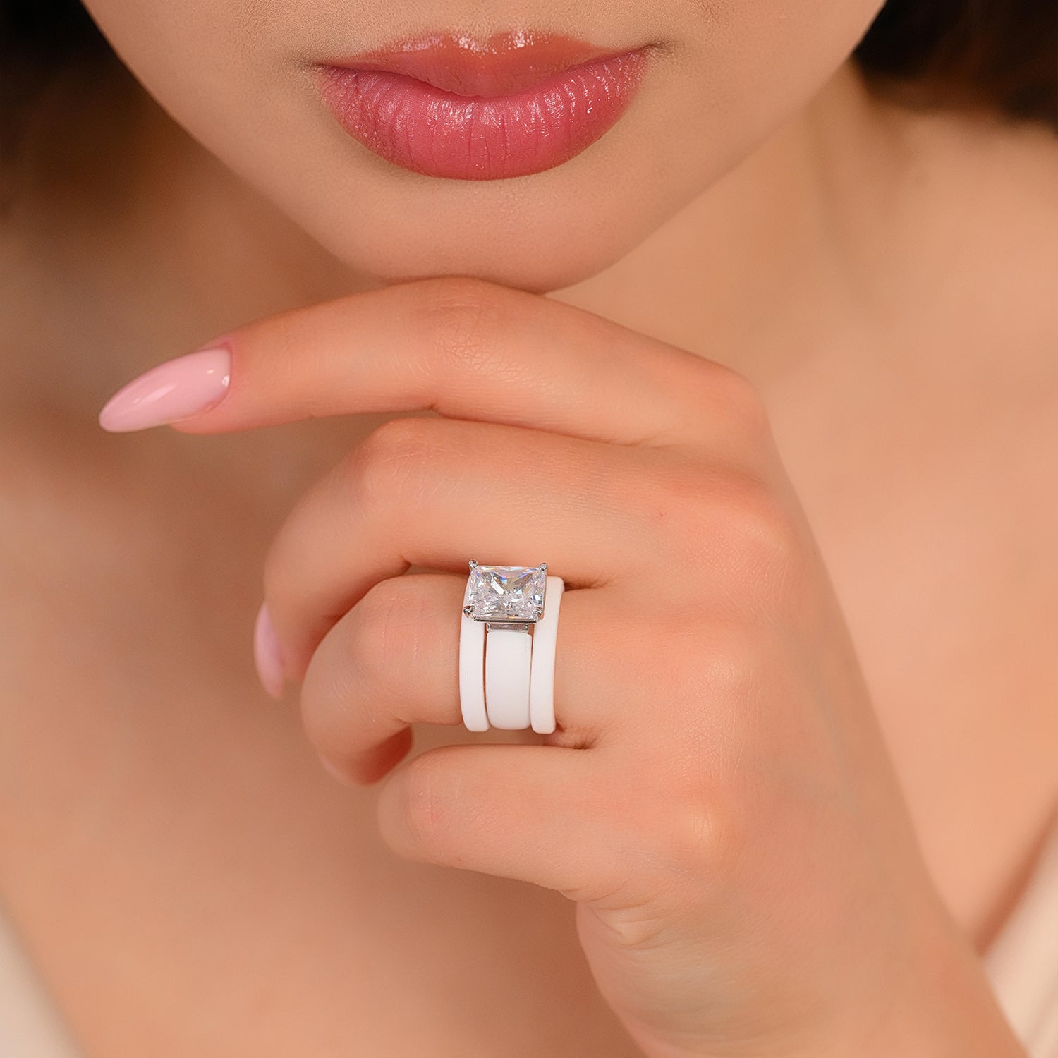 Emerald Cut CZ Silicone Ring Set for Women, 2 Thin Stackable Rings, 10x8 mm CZ Stone, Patented Design, GlowStone Collection