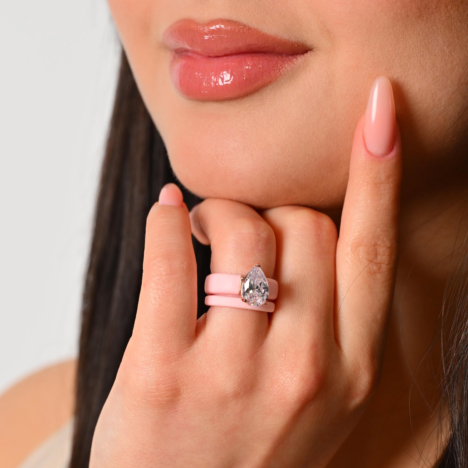 Pear Cut CZ Silicone Ring Set for Women, Stackable 2-Ring Set, 8×12 mm Pear Cut CZ, Patent-Pending Design - GlowStone Collection
