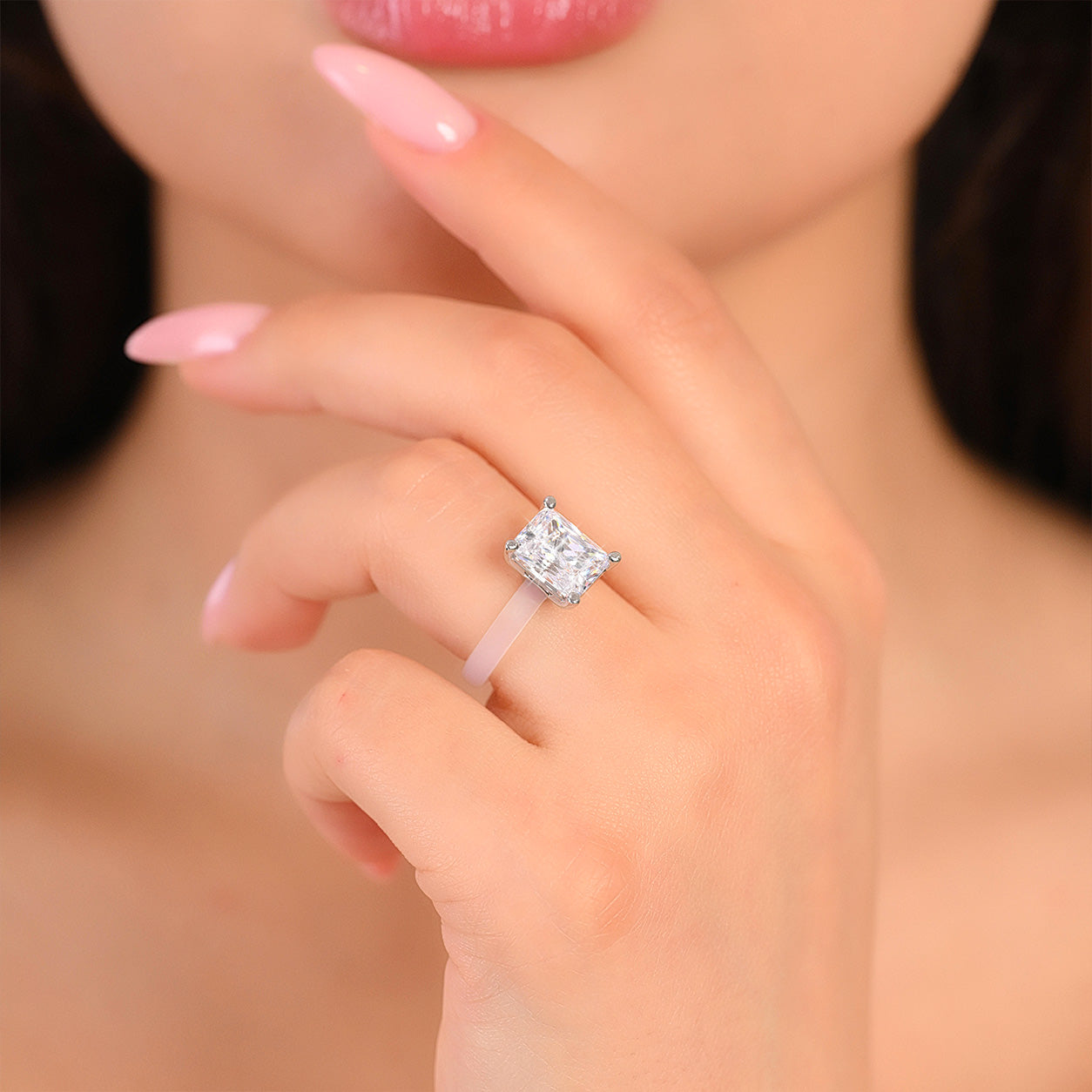 Rinfit Frosted Clear Thin Silicone Ring with Emerald cut CZ | Patented Design
