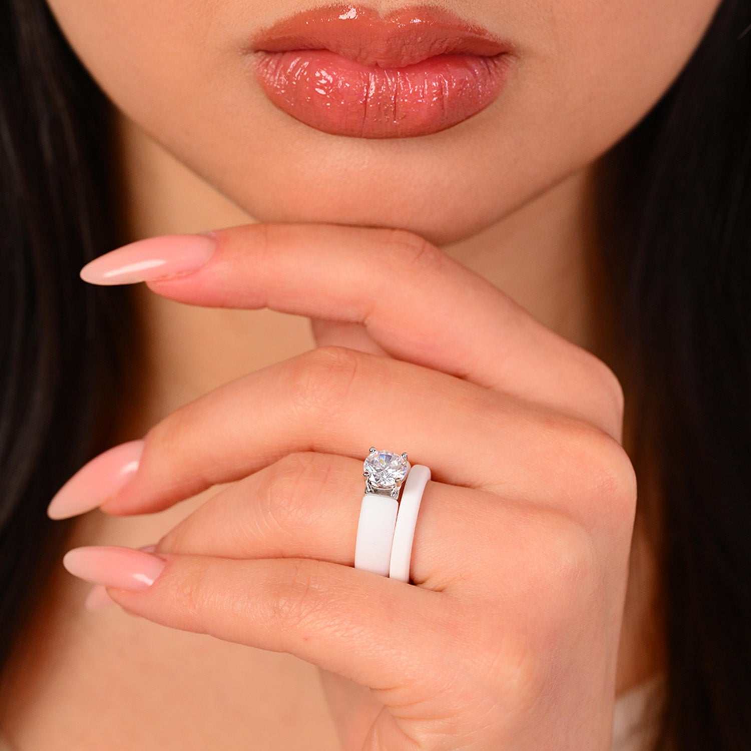 Round Cut CZ Silicone Ring Set for Women, Stackable 2-Ring Set, 7 mm Round Cut CZ | Patented Design - GlowStone Collection