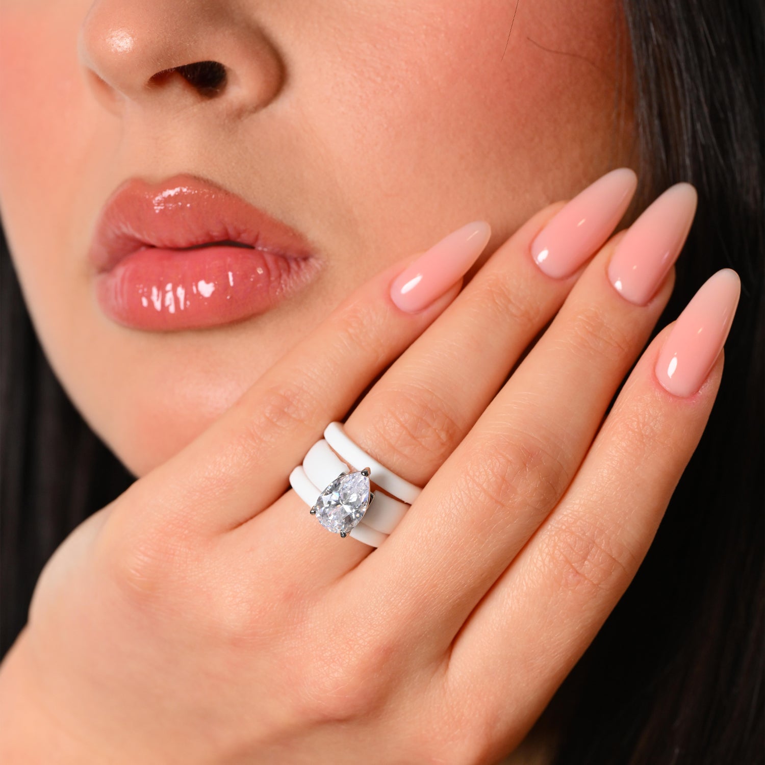 Pear Cut CZ Silicone Ring Set for Women, 2 Thin Stackable Rings, 8×12 mm Pear Cut CZ, Patent-Pending Design - GlowStone Collection