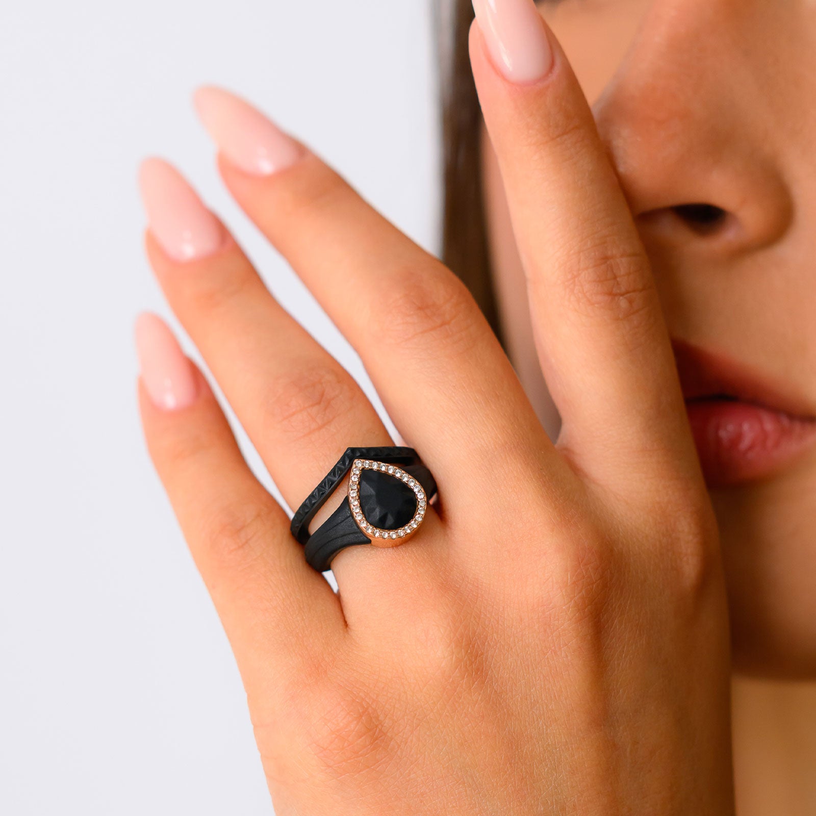 Pear Silicone Ring with Metal Frame and Stones - 2 Rings Set