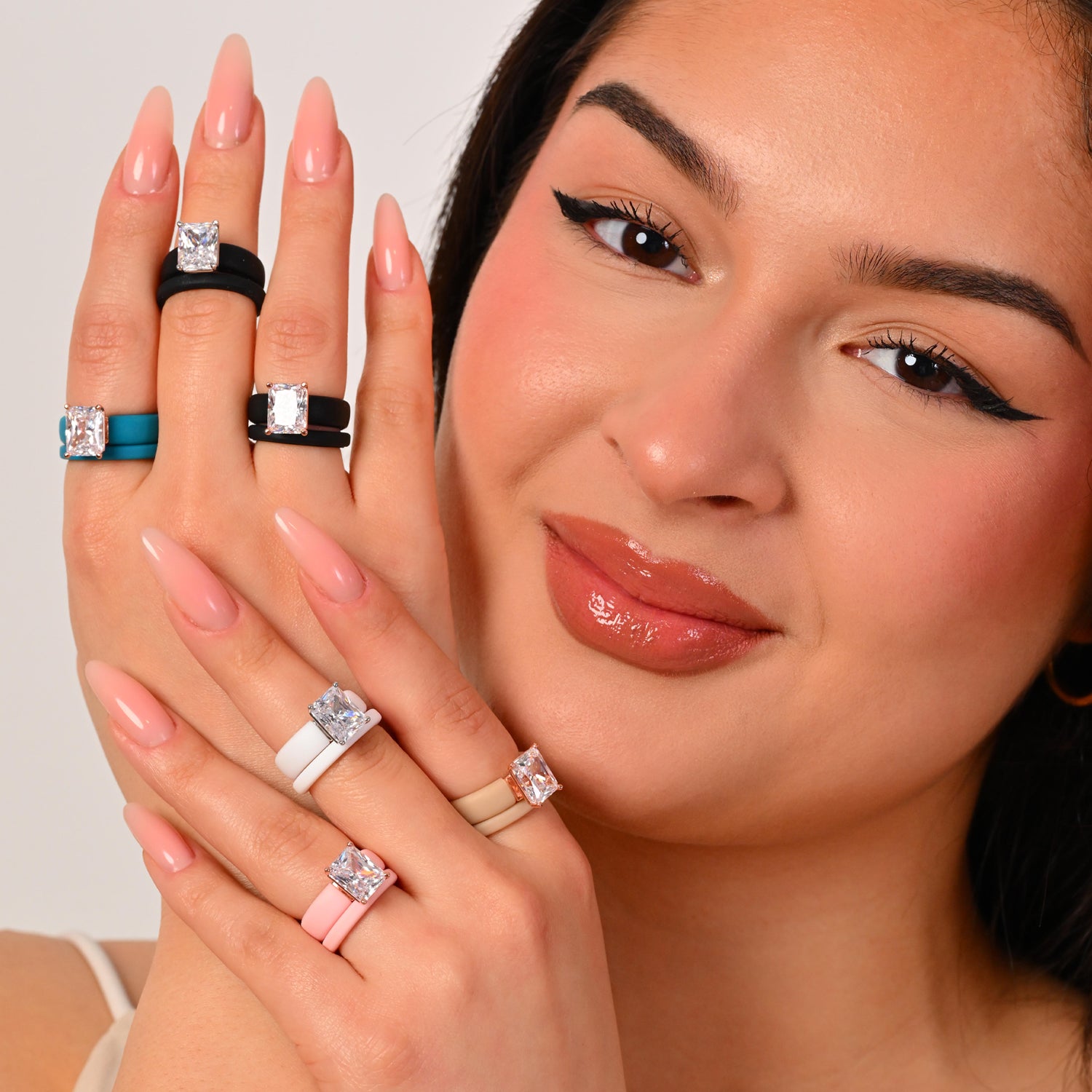 Emerald Cut CZ Silicone Ring Set for Women, Stackable 2-Ring Set, 10x8 mm CZ Stone, Thin Band, Patented Design, GlowStone Collection