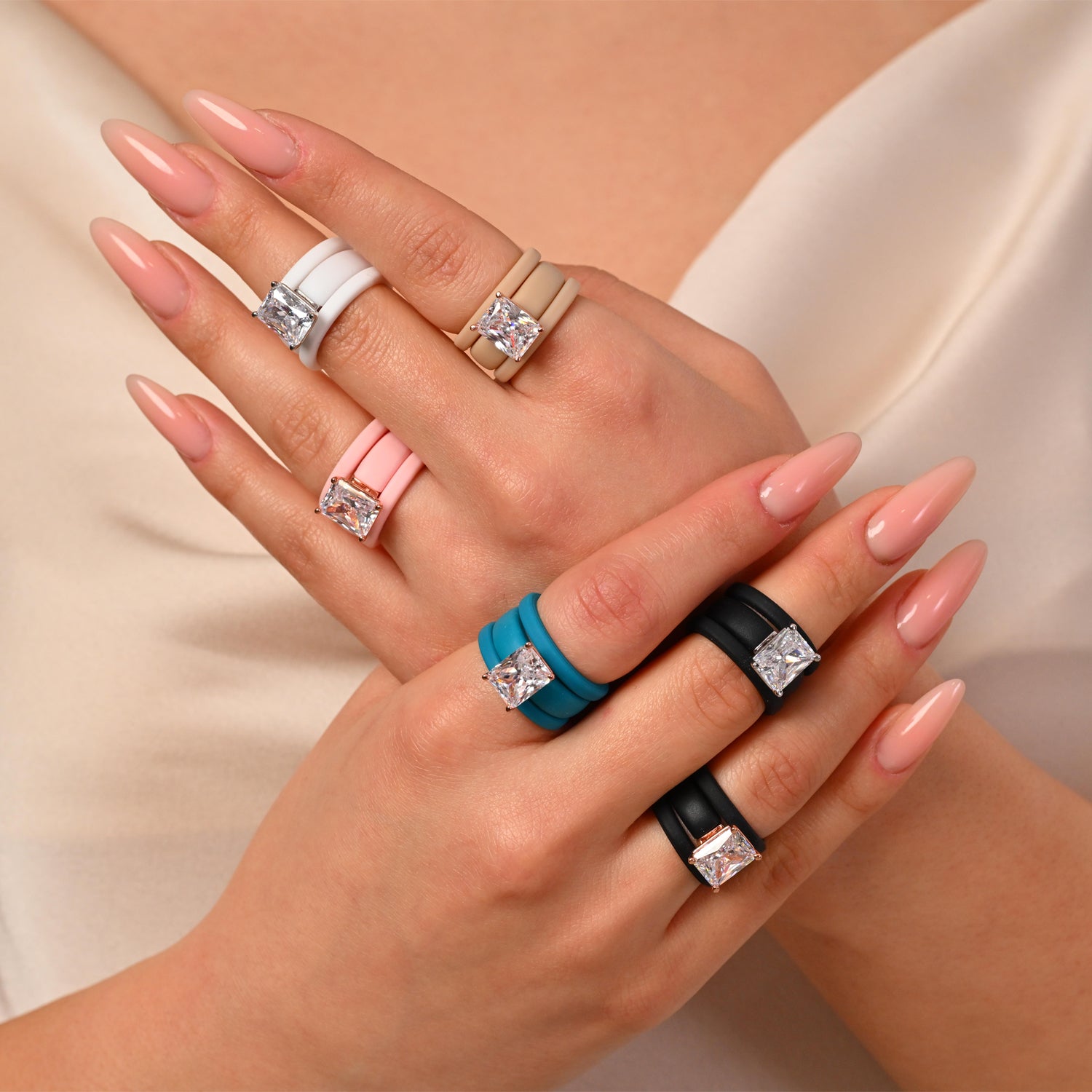 Emerald Cut CZ Silicone Ring Set for Women, 2 Thin Stackable Rings, 10x8 mm CZ Stone, Patented Design, GlowStone Collection