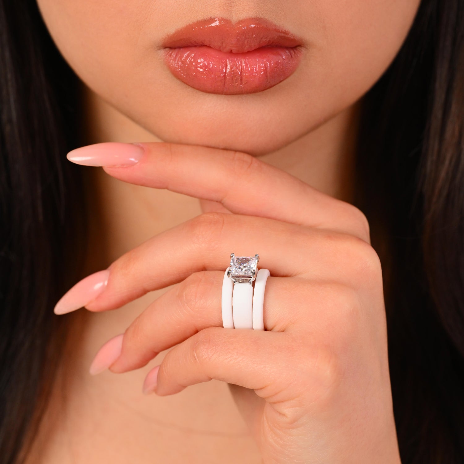 Princess Cut CZ Silicone Ring Set for Women, 2 Thin Stackable Rings – 8 ×8 mm Princess Cut CZ | Patented Design - GlowStone Collection