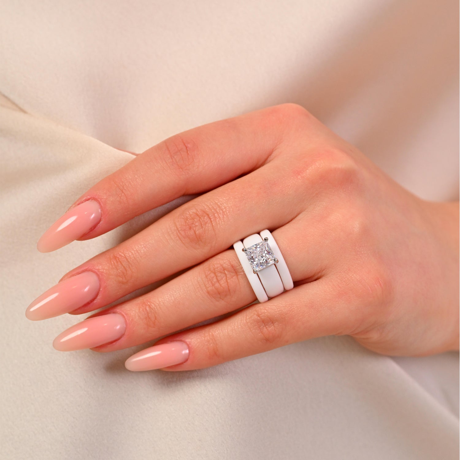 Princess Cut CZ Silicone Ring Set for Women, 2 Thin Stackable Rings – 8 ×8 mm Princess Cut CZ | Patented Design - GlowStone Collection