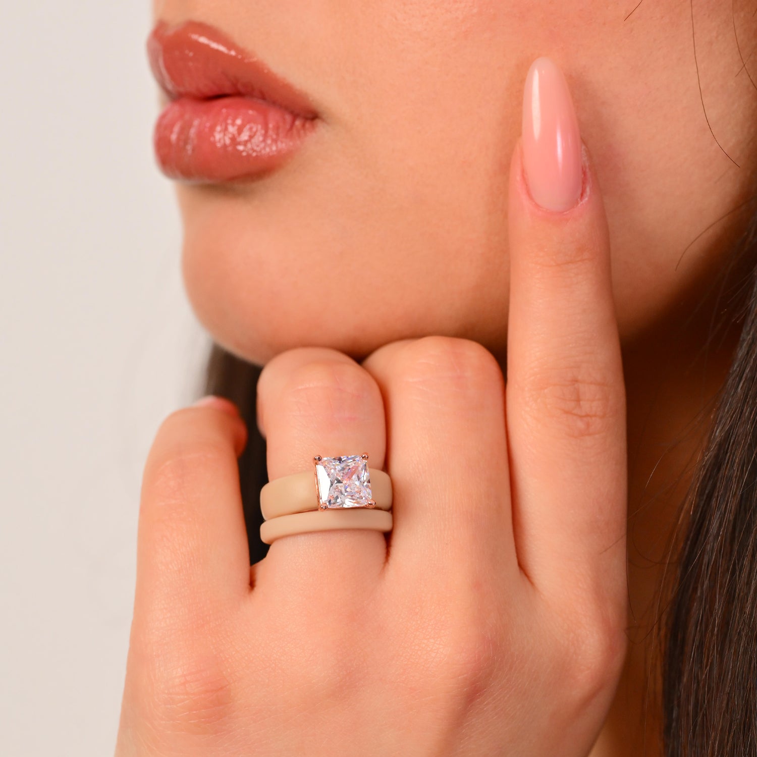 Princess Cut CZ Silicone Ring Set for Women, Stackable 2-Ring Set, 8×8 mm Princess Cut CZ | Patented Design - GlowStone Collection