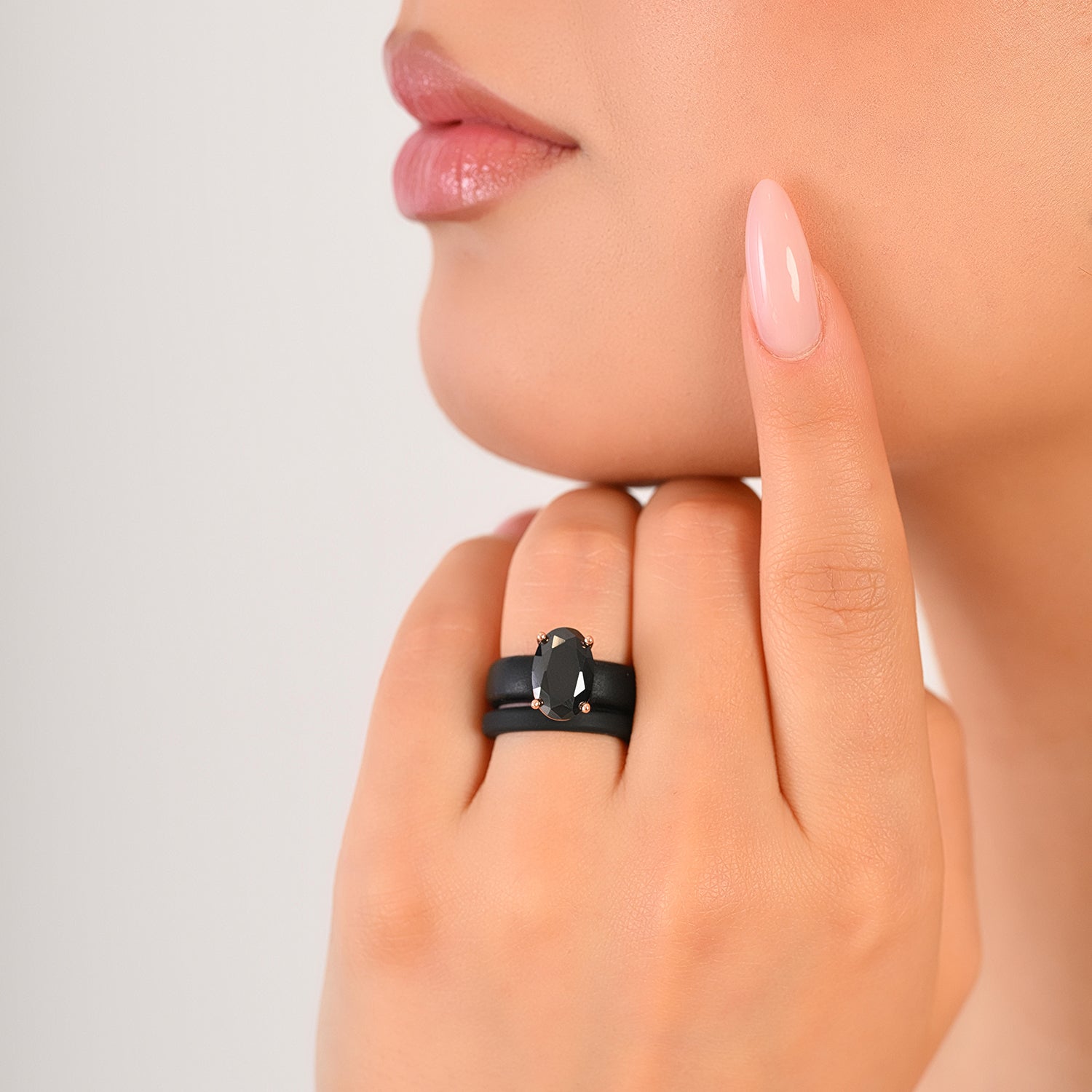 GlowStone Black Oval Cut CZ Ring Set for Women | Stackable 2-Ring Silicone Wedding Ring Set with 12×8 mm Oval CZ | Patented Design