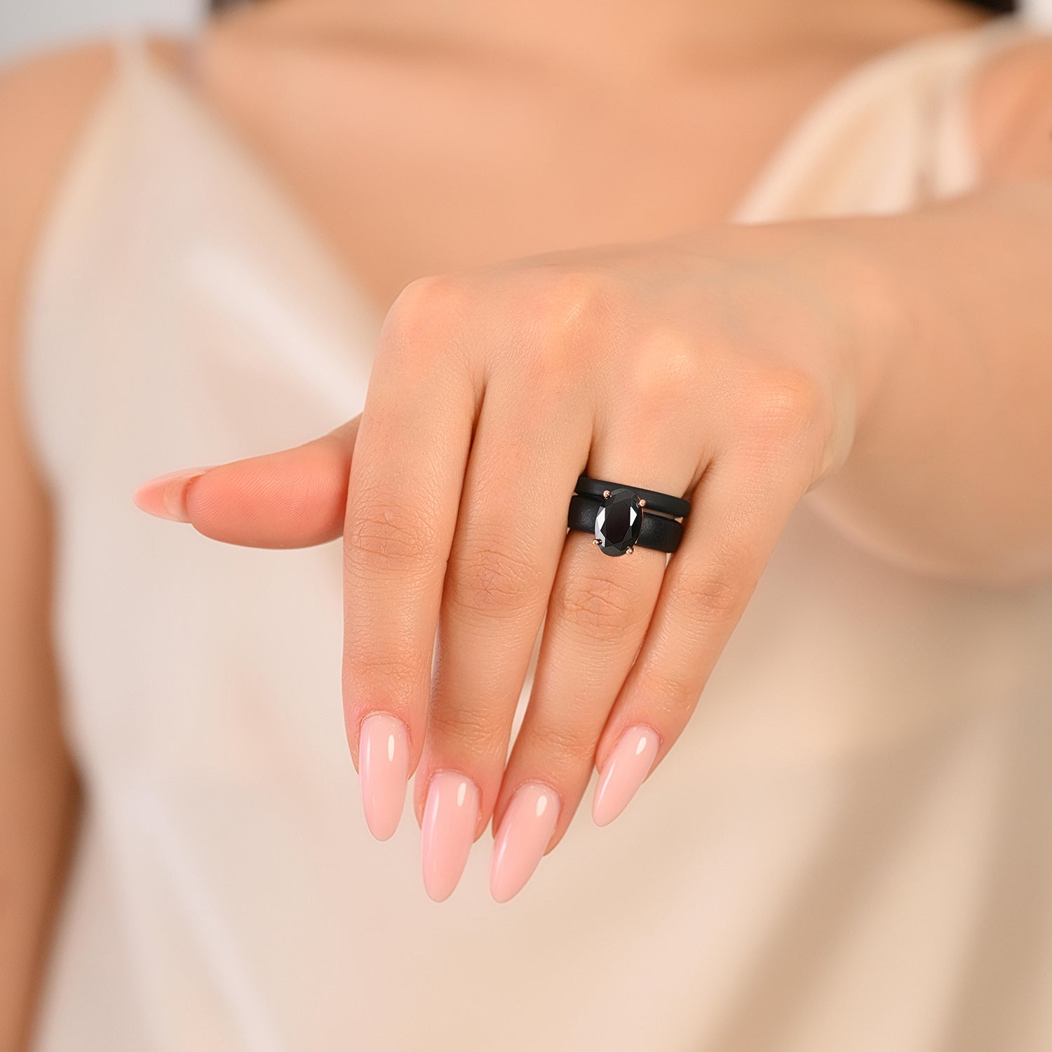 GlowStone Black Oval Cut CZ Ring Set for Women | Stackable 2-Ring Silicone Wedding Ring Set with 12×8 mm Oval CZ | Patented Design