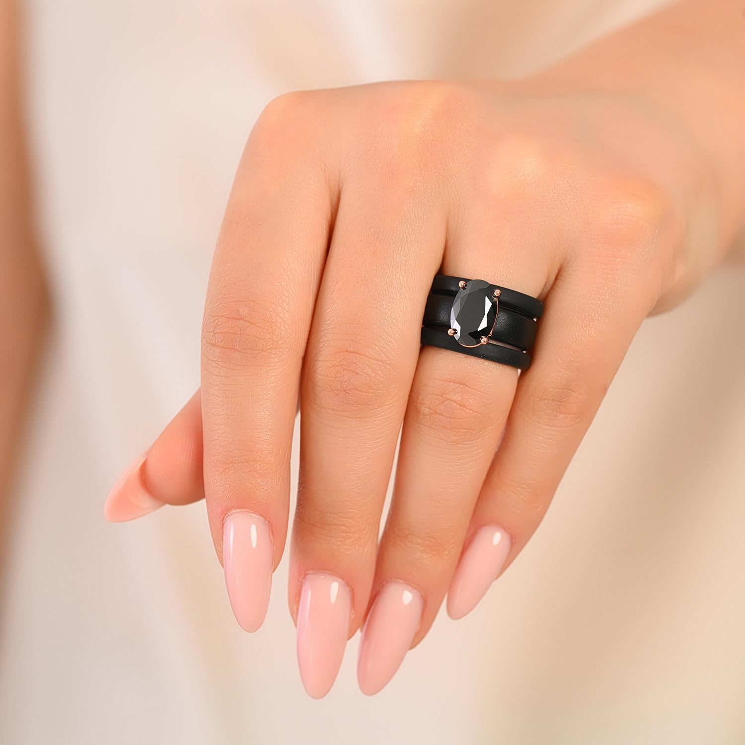 GlowStone Black Oval Cut CZ Ring Set for Women | Stackable 3-Ring Silicone Wedding Ring Set with 12×8 mm Oval CZ | Patented Design