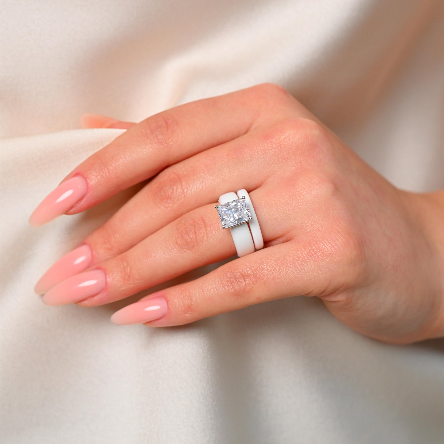 Emerald Cut CZ Silicone Ring Set for Women, Stackable 2-Ring Set, 10x8 mm CZ Stone, Thin Band, Patented Design, GlowStone Collection