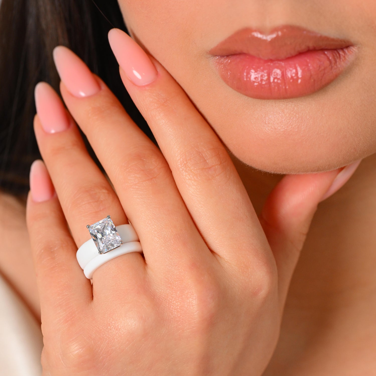 Emerald Cut CZ Silicone Ring Set for Women, Stackable 2-Ring Set, 10x8 mm CZ Stone, Thin Band, Patented Design, GlowStone Collection