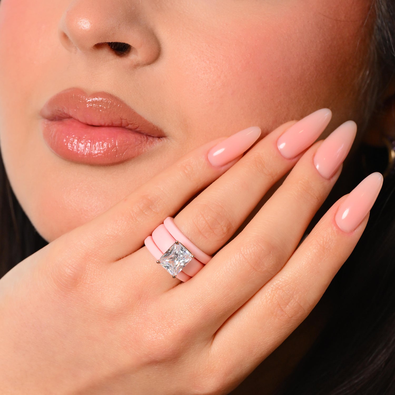 Emerald Cut CZ Silicone Ring Set for Women, 2 Thin Stackable Rings, 10x8 mm CZ Stone, Patented Design, GlowStone Collection