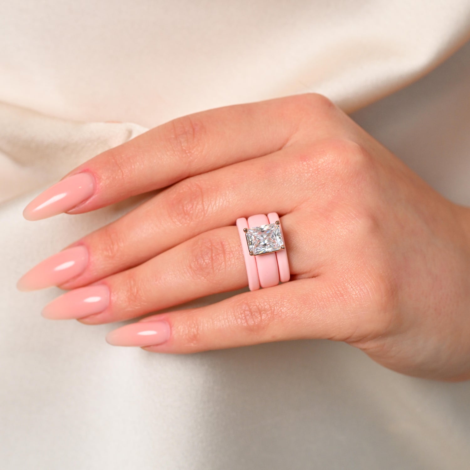 Emerald Cut CZ Silicone Ring Set for Women, 2 Thin Stackable Rings, 10x8 mm CZ Stone, Patented Design, GlowStone Collection