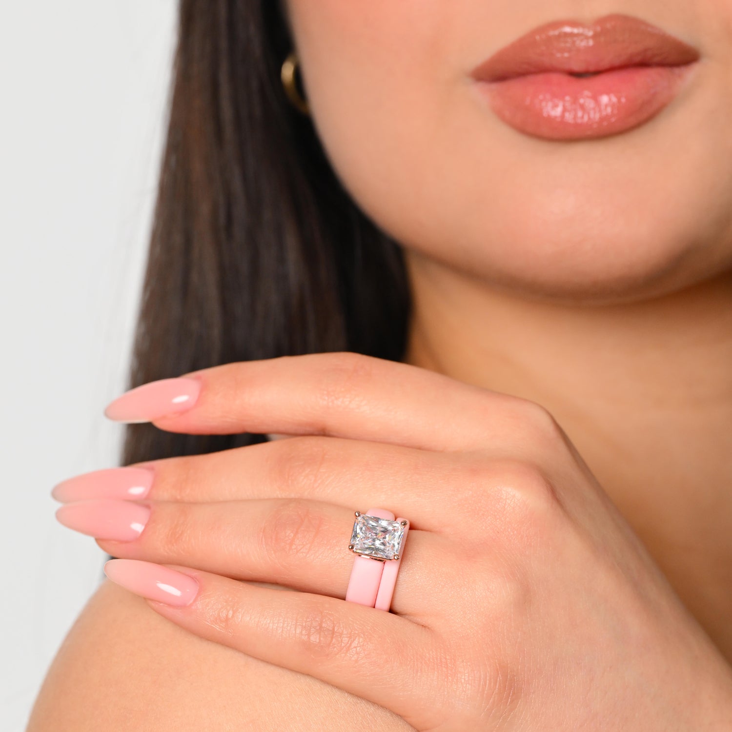 Emerald Cut CZ Silicone Ring Set for Women, Stackable 2-Ring Set, 10x8 mm CZ Stone, Thin Band, Patented Design, GlowStone Collection
