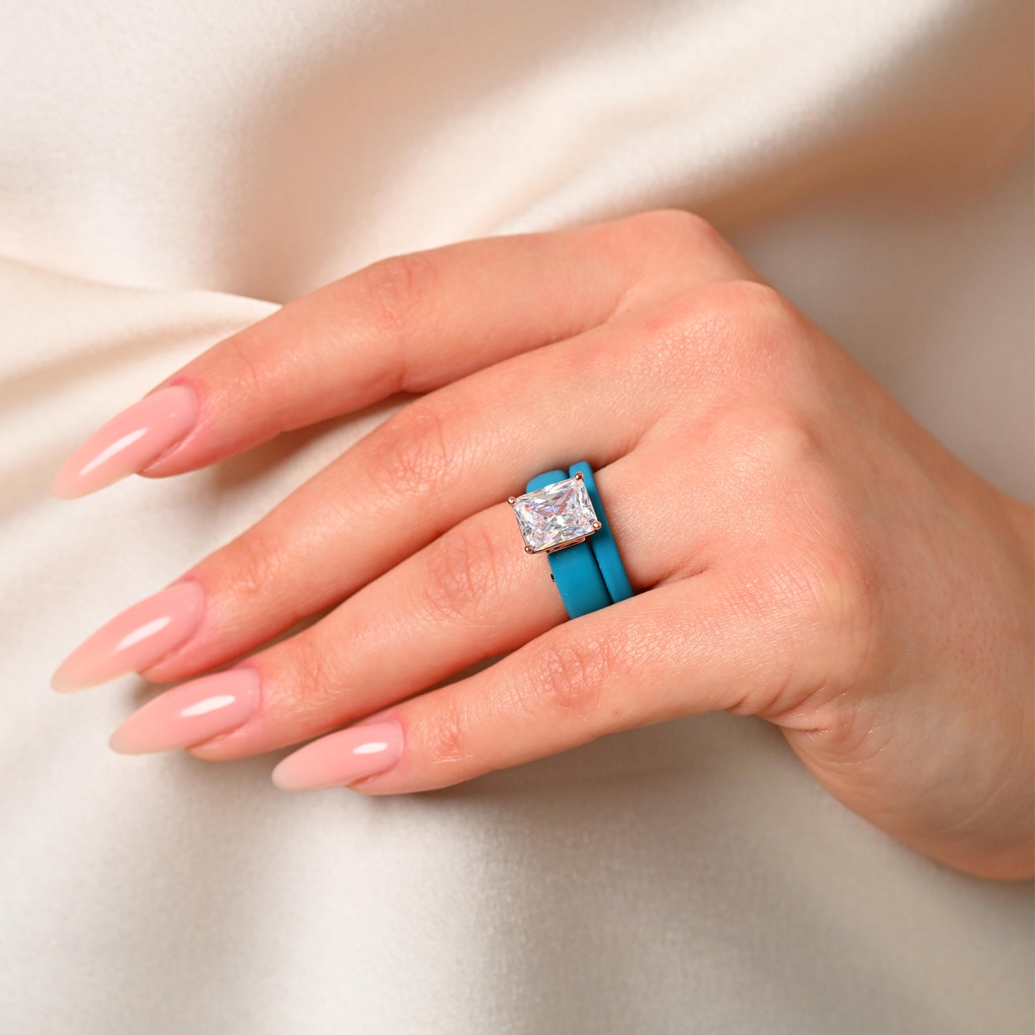 Emerald Cut CZ Silicone Ring Set for Women, Stackable 2-Ring Set, 10x8 mm CZ Stone, Thin Band, Patented Design, GlowStone Collection