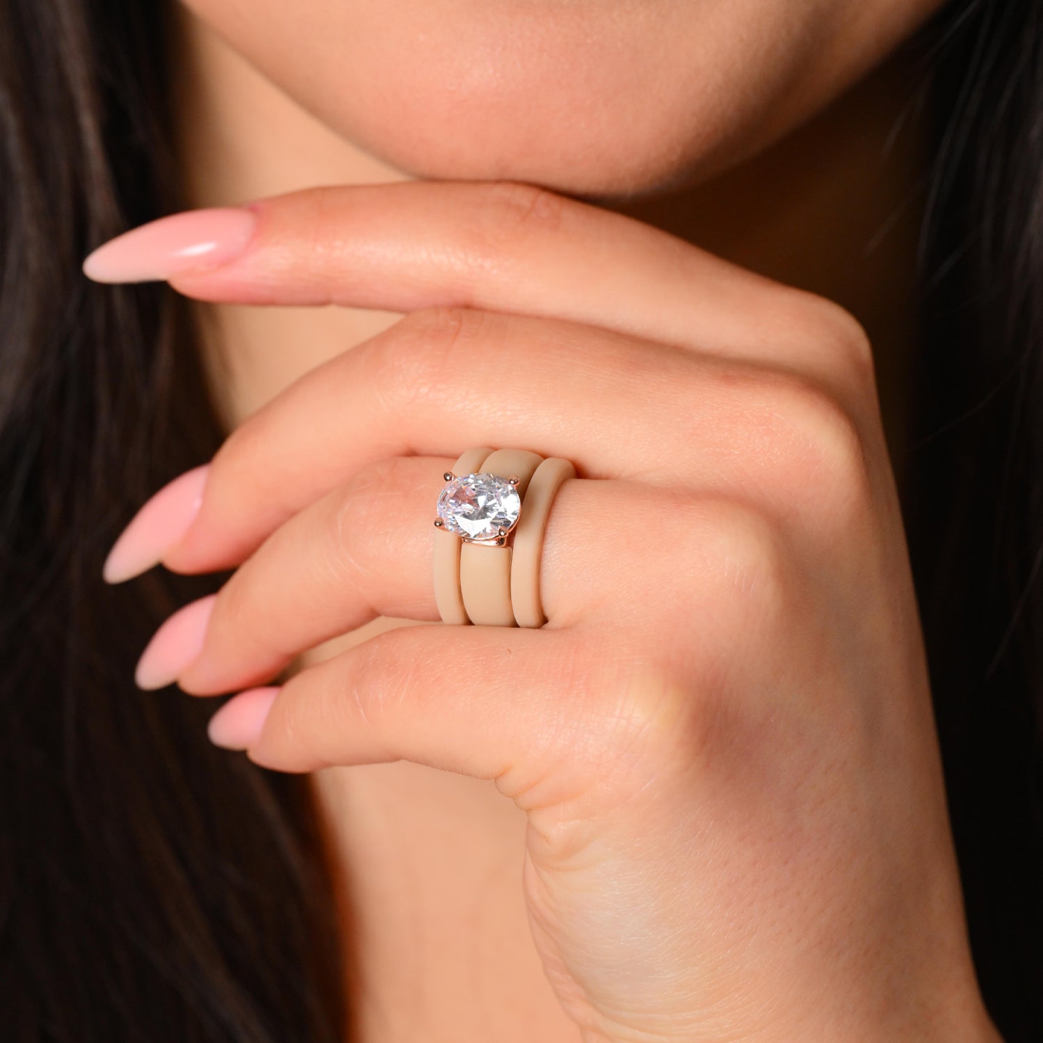 Oval Cut CZ Silicone Ring Set for Women, 2 Thin Stackable Rings – 11×8 mm Oval Cut CZ | Patented Design - GlowStone Collection