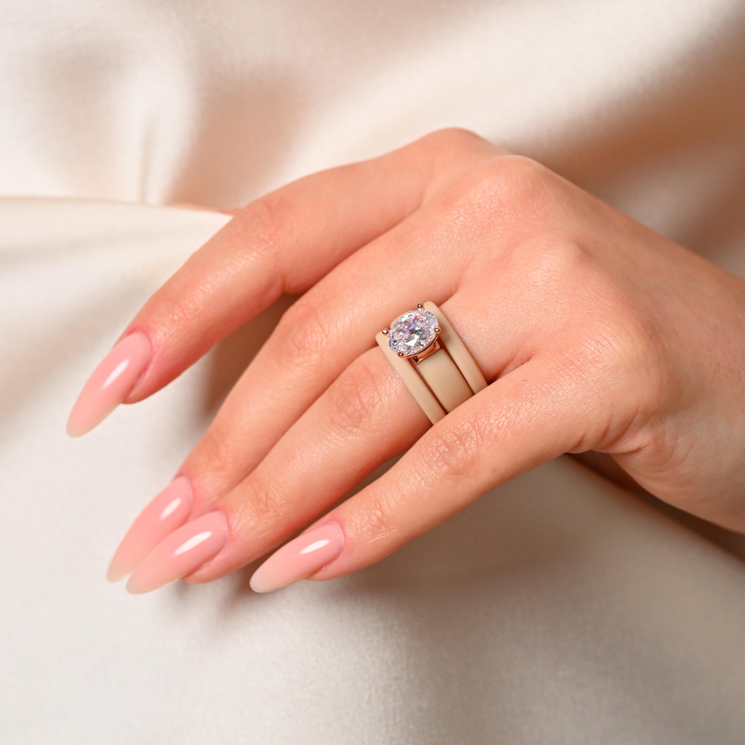 Oval Cut CZ Silicone Ring Set for Women, 2 Thin Stackable Rings – 11×8 mm Oval Cut CZ | Patented Design - GlowStone Collection