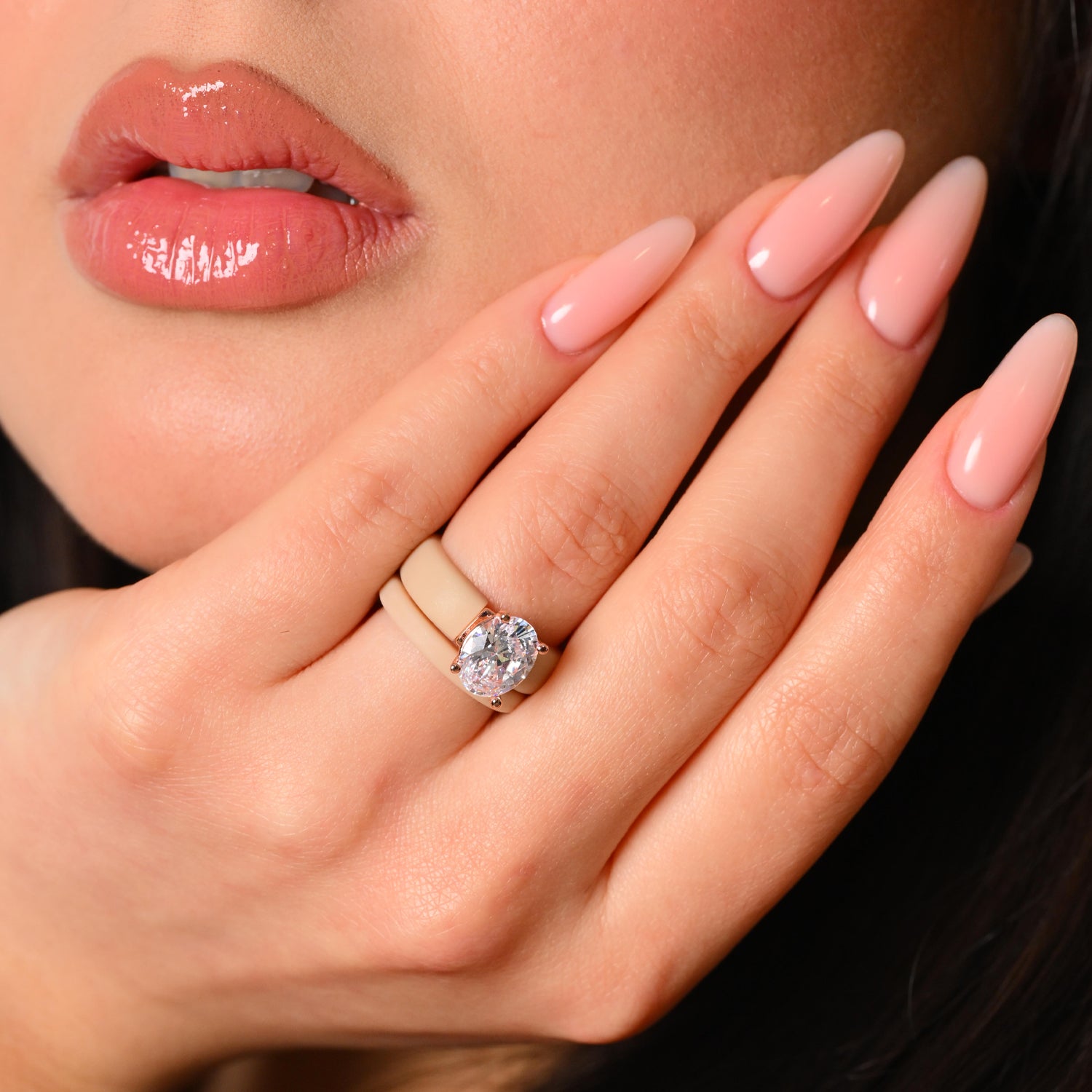 Oval Cut CZ Silicone Ring Set for Women, Stackable 2-Ring Set, 11×8 mm Oval Cut CZ | Patented Design - GlowStone Collection