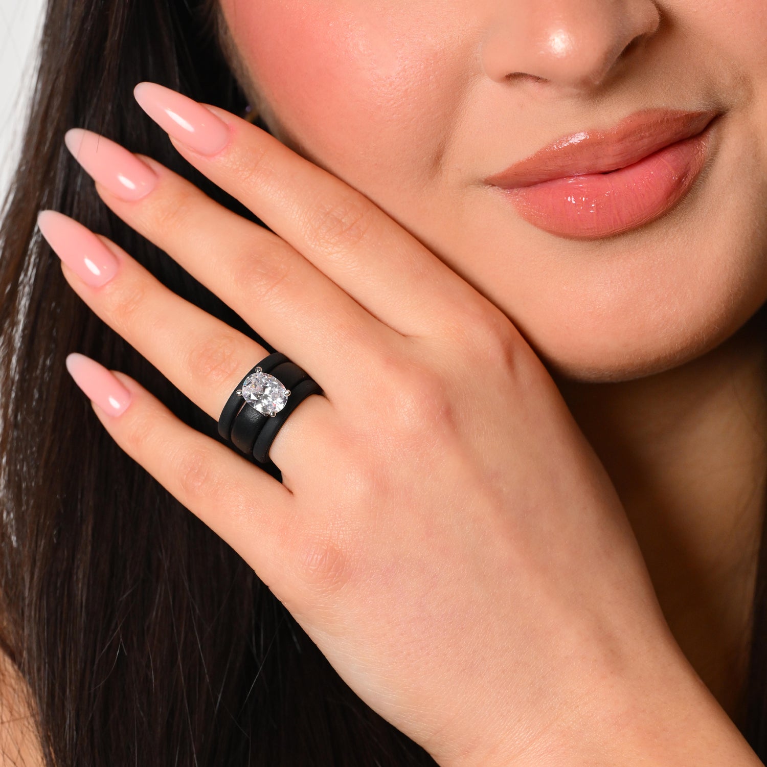 Oval Cut CZ Silicone Ring Set for Women, 2 Thin Stackable Rings – 11×8 mm Oval Cut CZ | Patented Design - GlowStone Collection