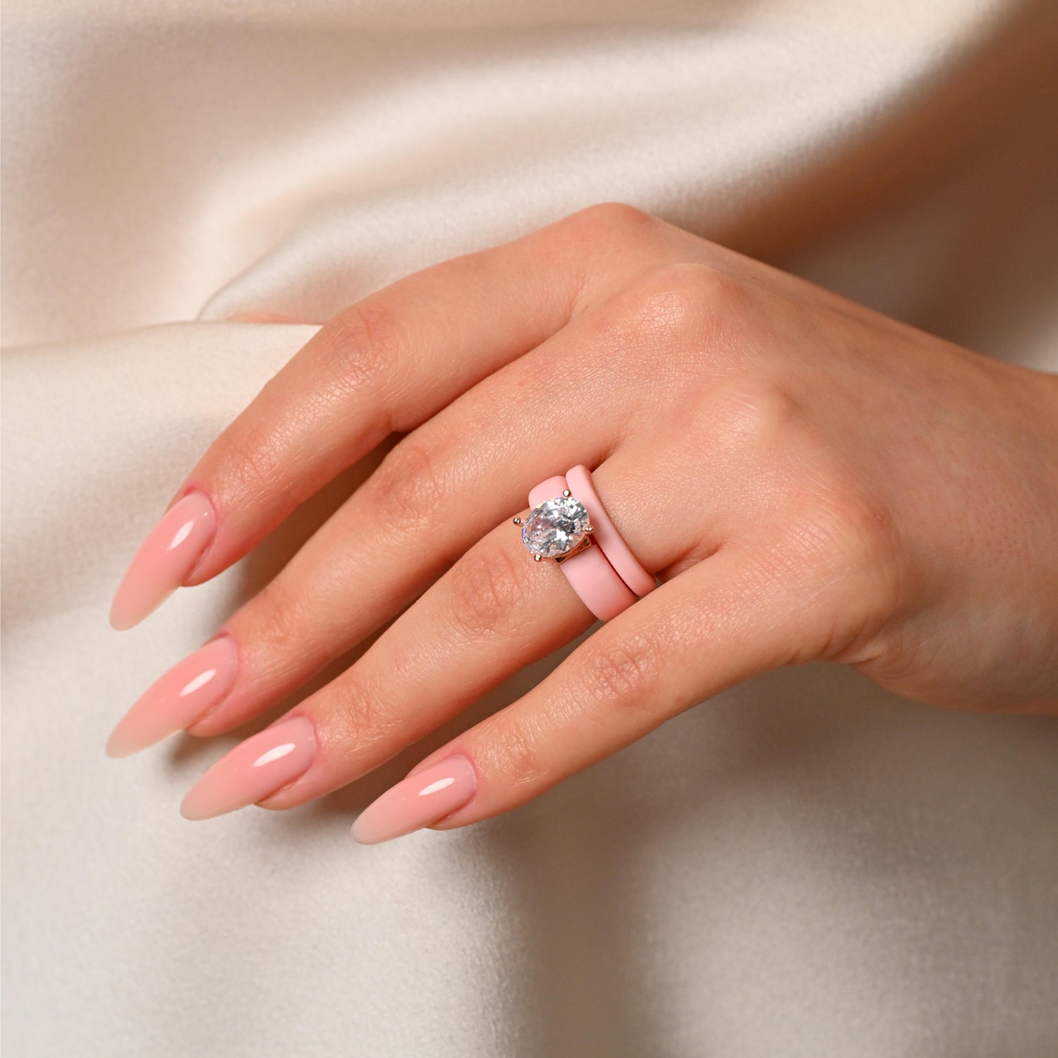 Oval Cut CZ Silicone Ring Set for Women, Stackable 2-Ring Set, 11×8 mm Oval Cut CZ | Patented Design - GlowStone Collection