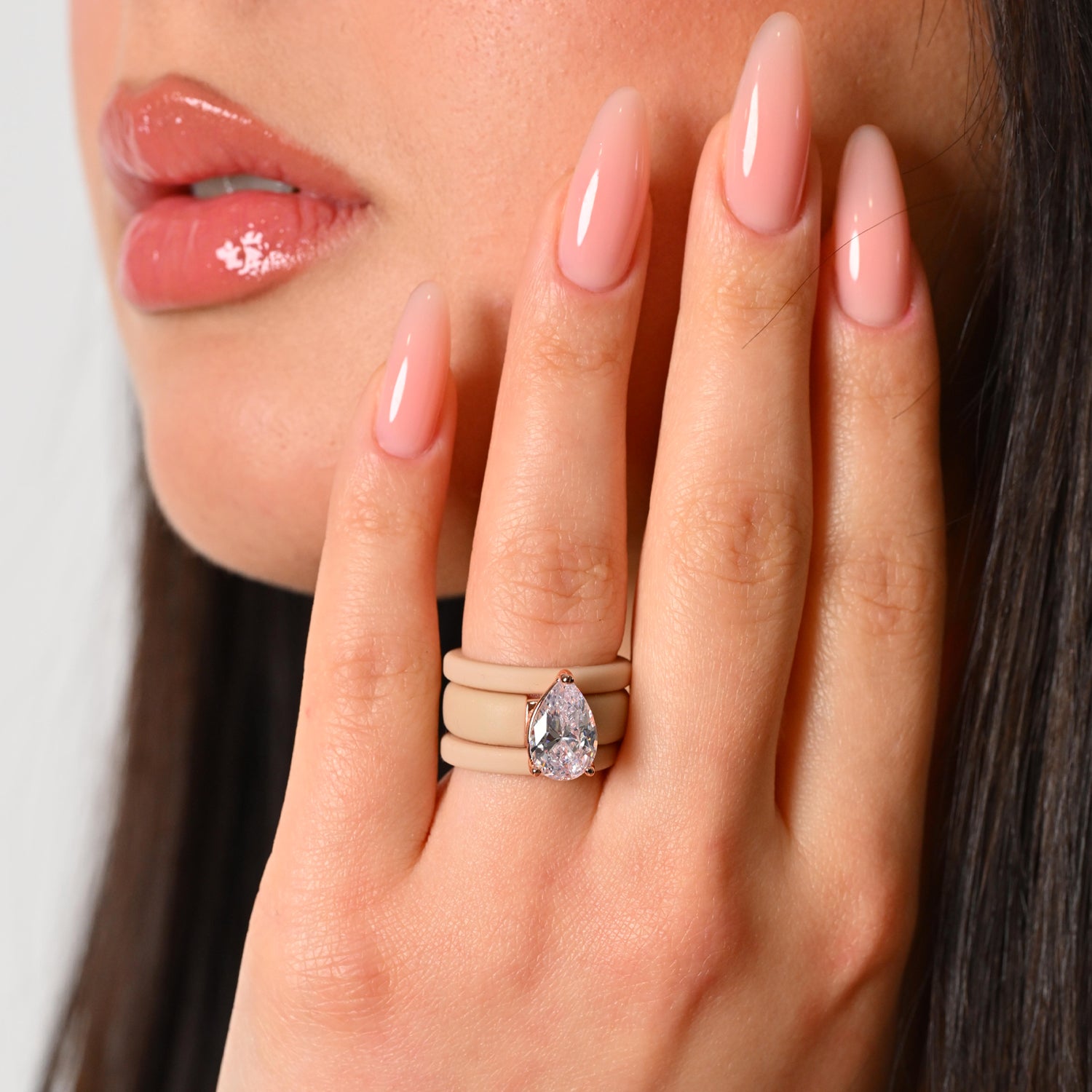 Pear Cut CZ Silicone Ring Set for Women, 2 Thin Stackable Rings, 8×12 mm Pear Cut CZ, Patent-Pending Design - GlowStone Collection