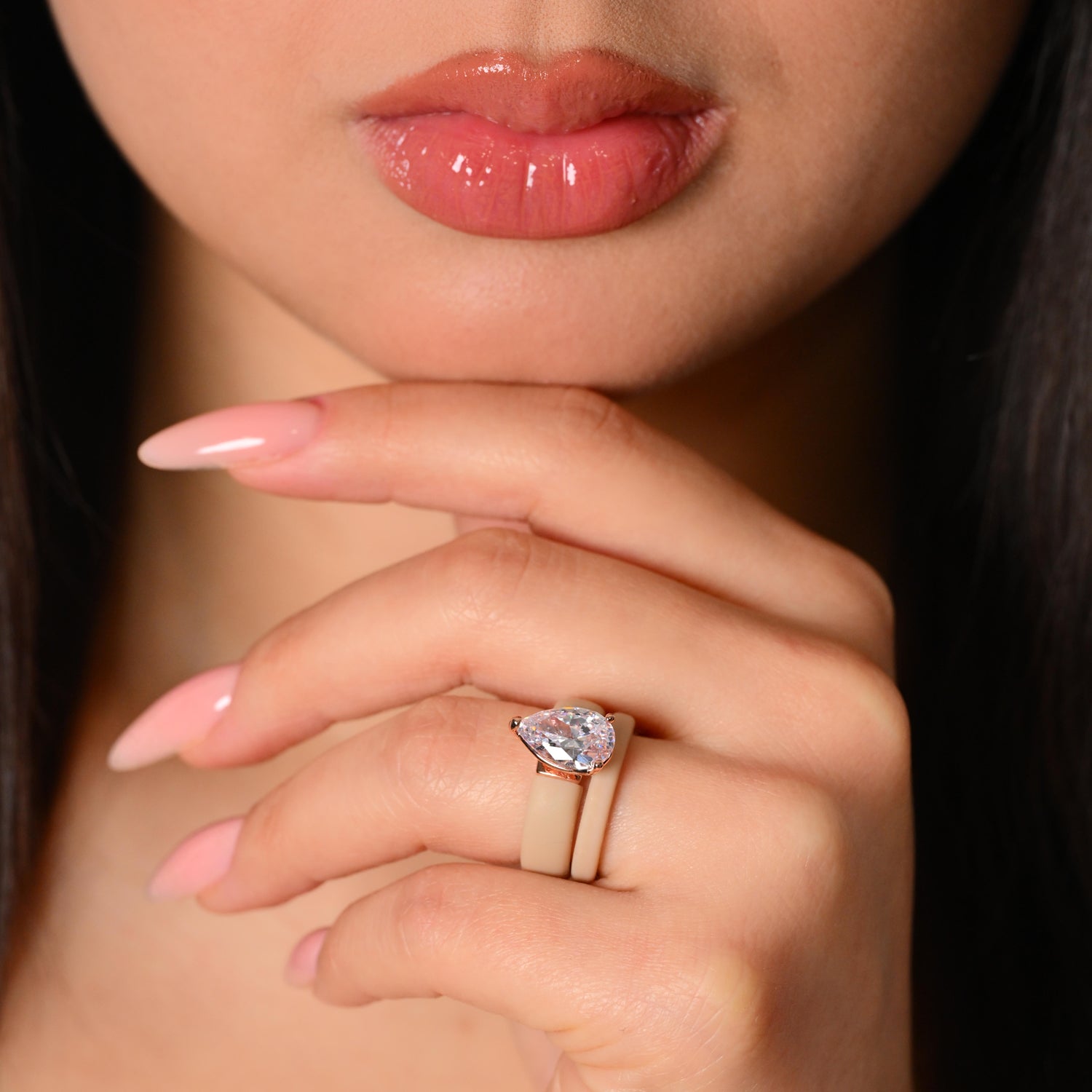 Pear Cut CZ Silicone Ring Set for Women, Stackable 2-Ring Set, 8×12 mm Pear Cut CZ, Patent-Pending Design - GlowStone Collection