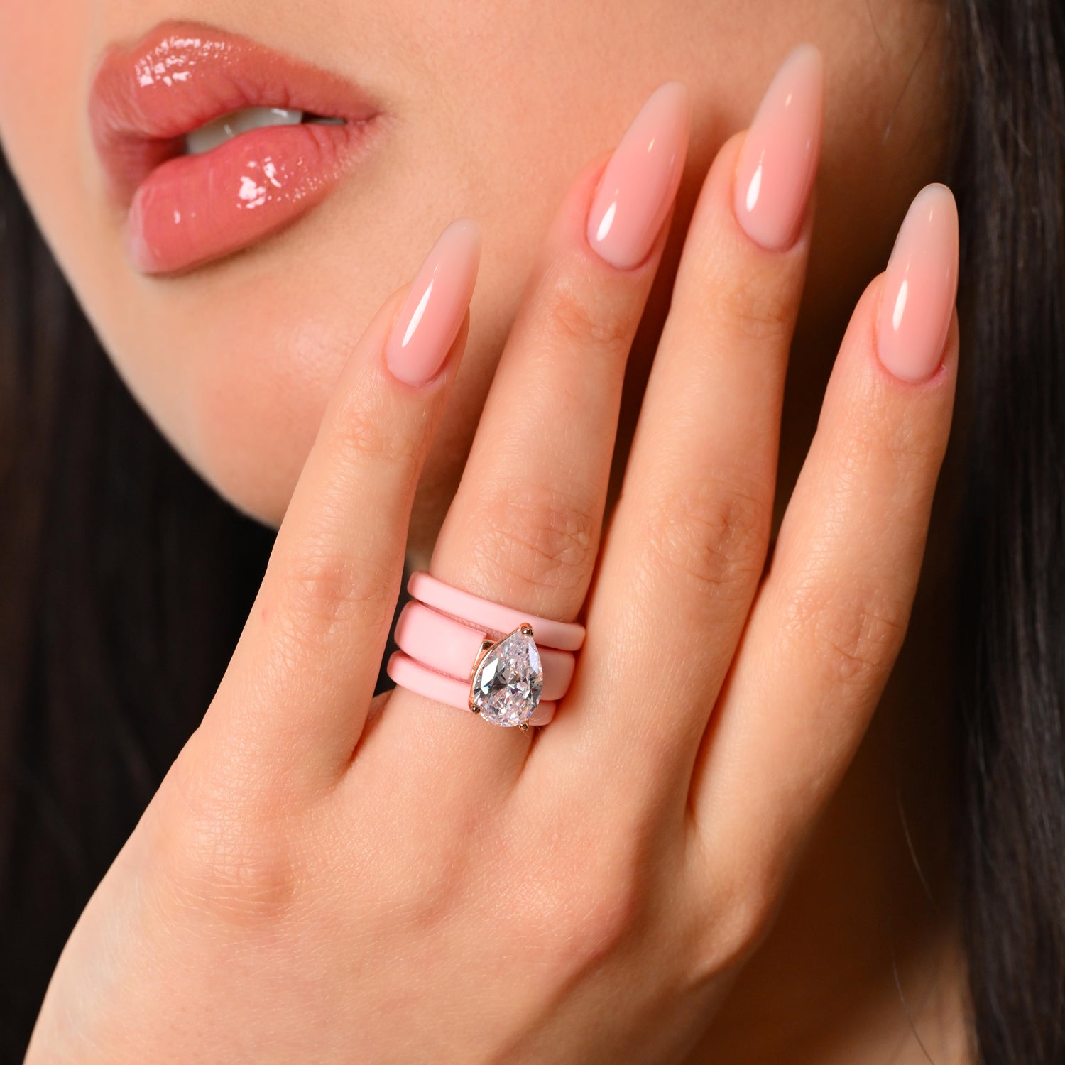 Pear Cut CZ Silicone Ring Set for Women, 2 Thin Stackable Rings, 8×12 mm Pear Cut CZ, Patent-Pending Design - GlowStone Collection