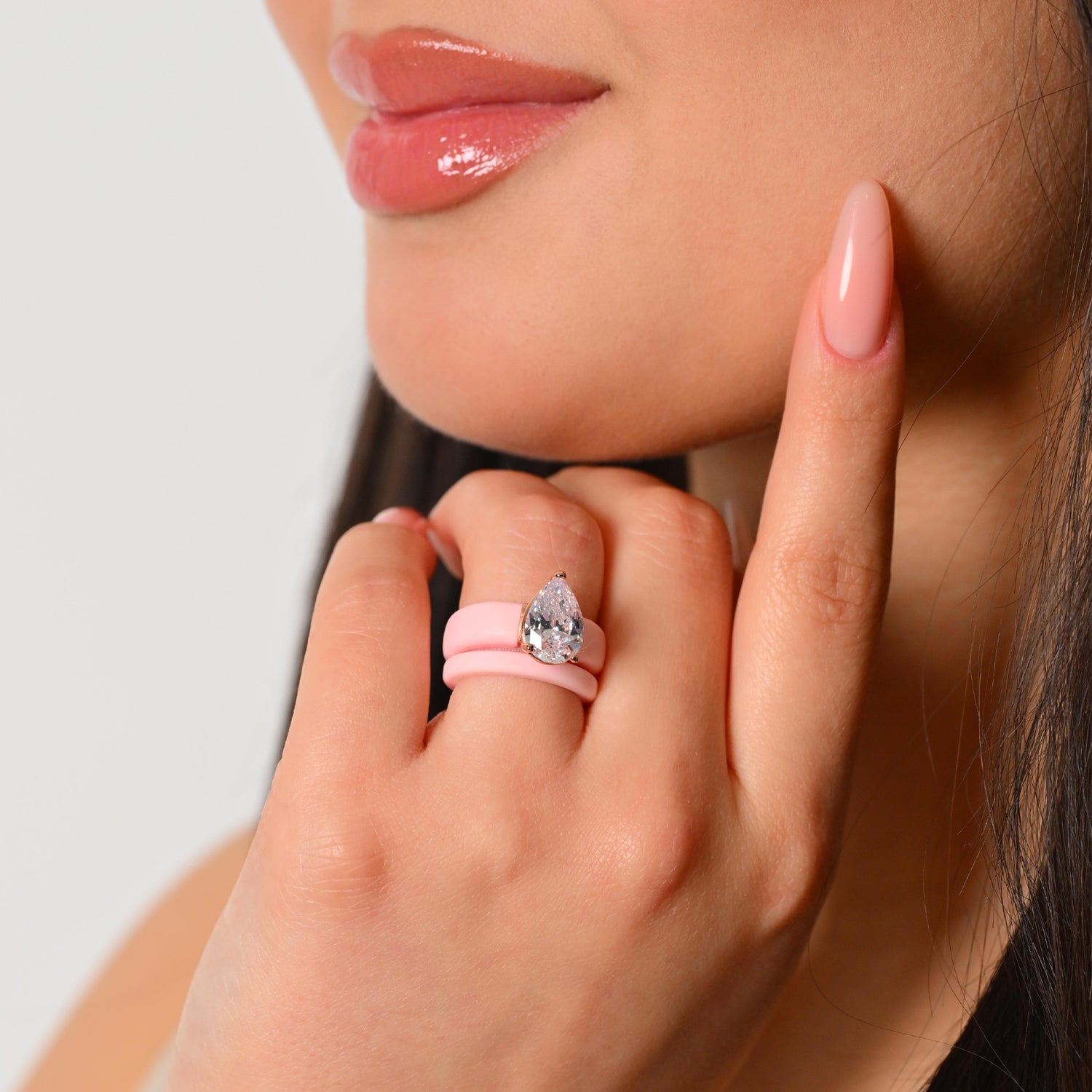 Pear Cut CZ Silicone Ring Set for Women, Stackable 2-Ring Set, 8×12 mm Pear Cut CZ, Patent-Pending Design - GlowStone Collection
