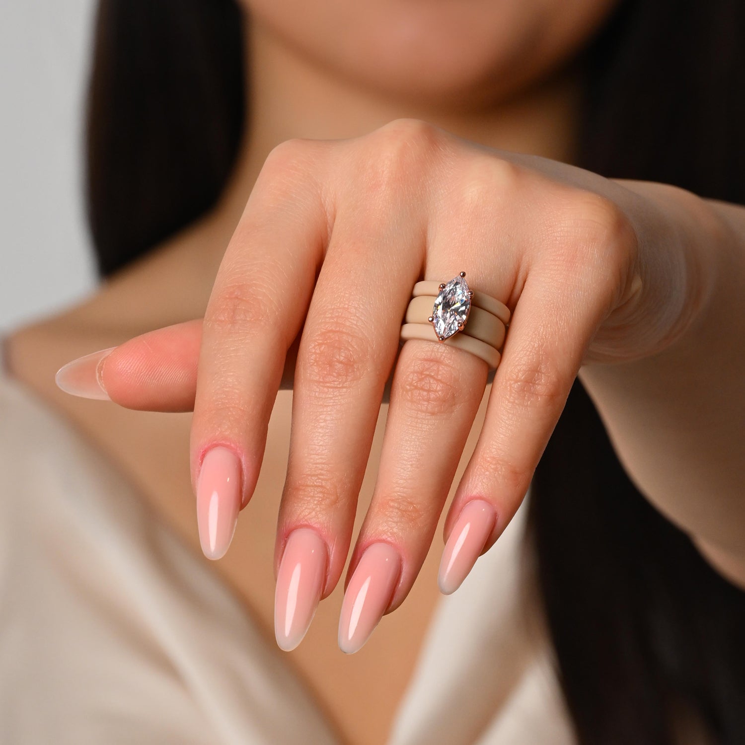 Marquise Cut CZ Silicone Ring Set for Women, 2 Thin Stackable Rings - 14×7 mm Marquise Cut CZ | Patent-Pending Design - GlowStone Collection