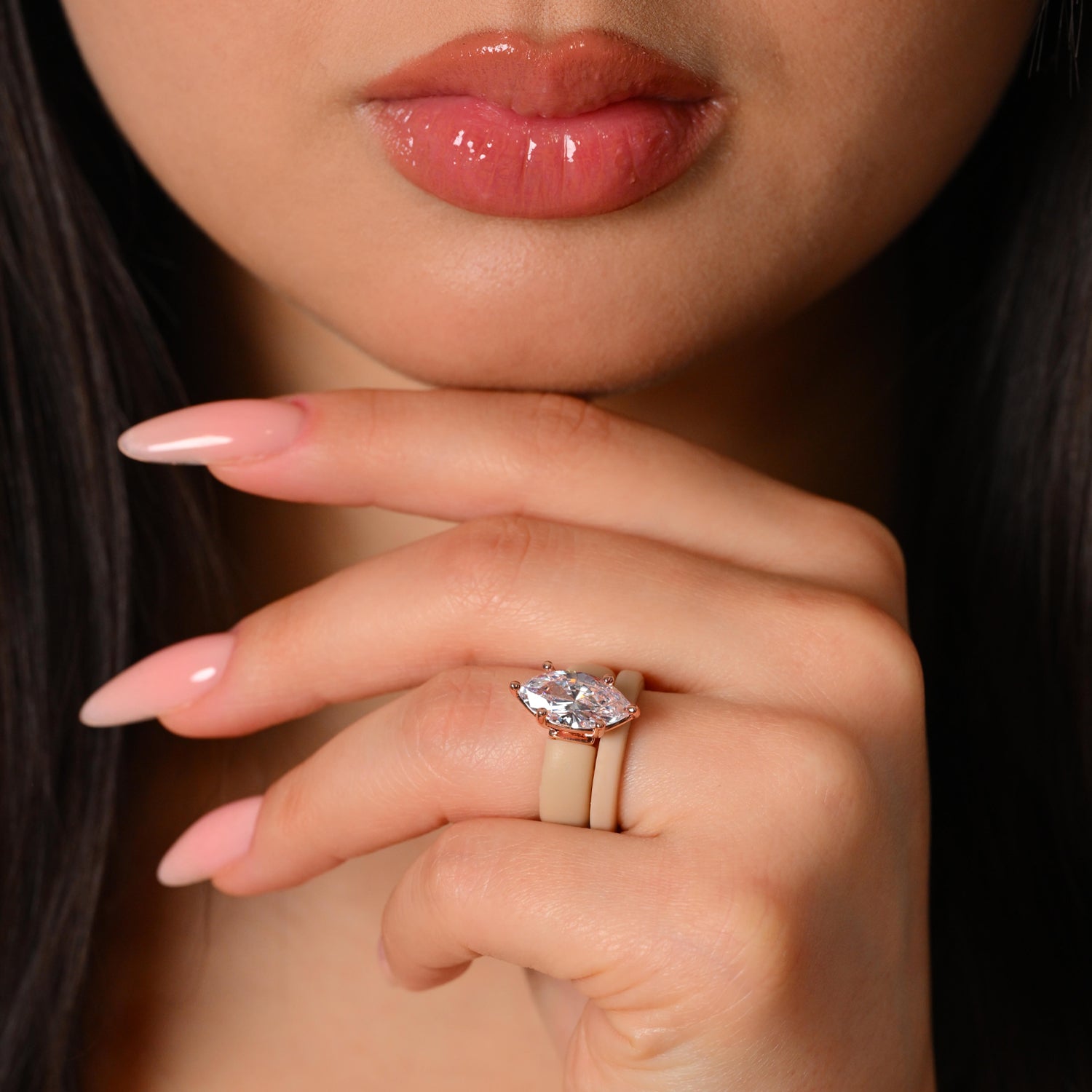 Marquise Cut Silicone Ring Set for Women, Stackable 2-Ring Set, 14×7 mm Marquise Cut CZ | Patent-Pending Design - GlowStone Collection