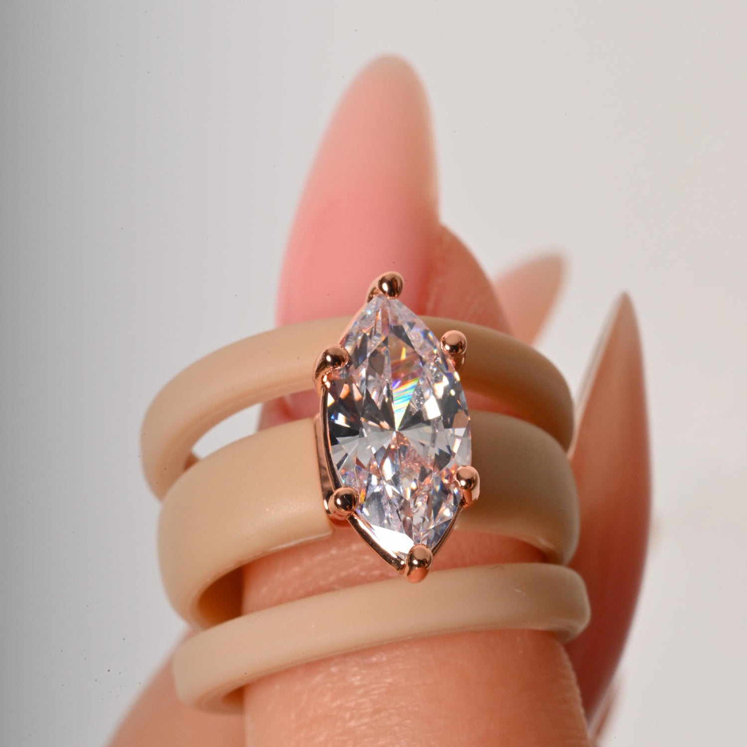 Marquise Cut CZ Silicone Ring Set for Women, 2 Thin Stackable Rings - 14×7 mm Marquise Cut CZ | Patent-Pending Design - GlowStone Collection
