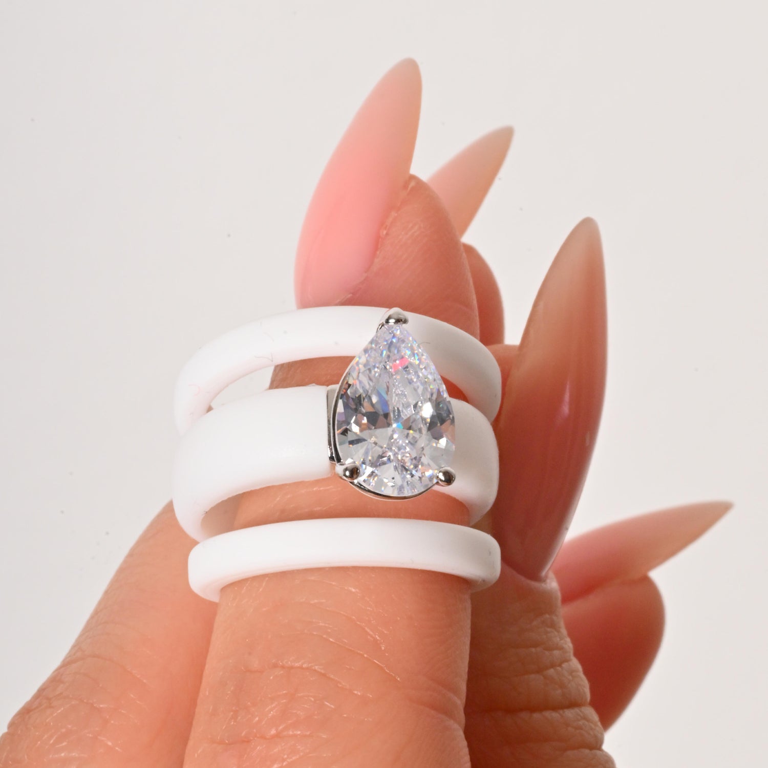 Pear Cut CZ Silicone Ring Set for Women, 2 Thin Stackable Rings, 8×12 mm Pear Cut CZ, Patent-Pending Design - GlowStone Collection
