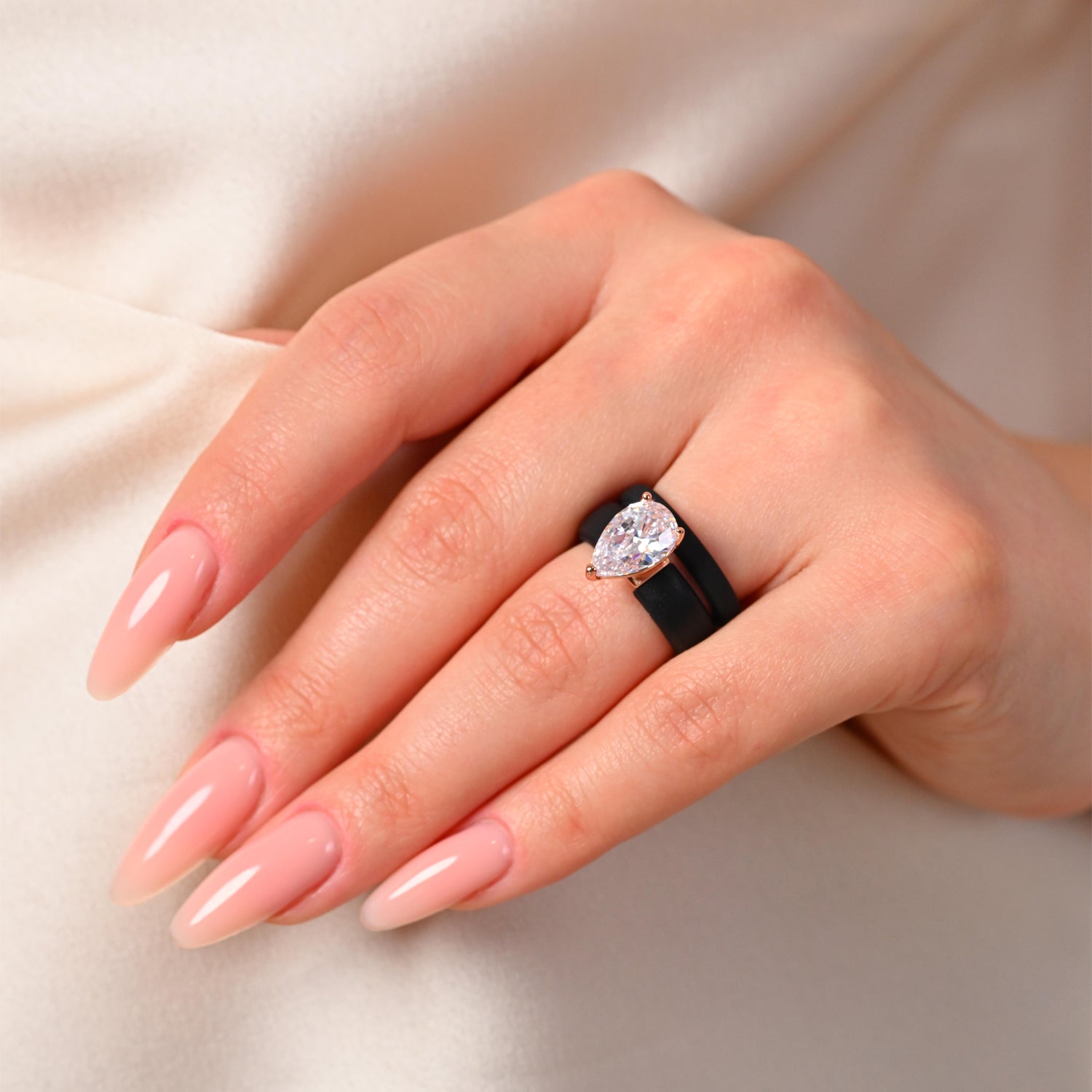 Pear Cut CZ Silicone Ring Set for Women, Stackable 2-Ring Set, 8×12 mm Pear Cut CZ, Patent-Pending Design - GlowStone Collection