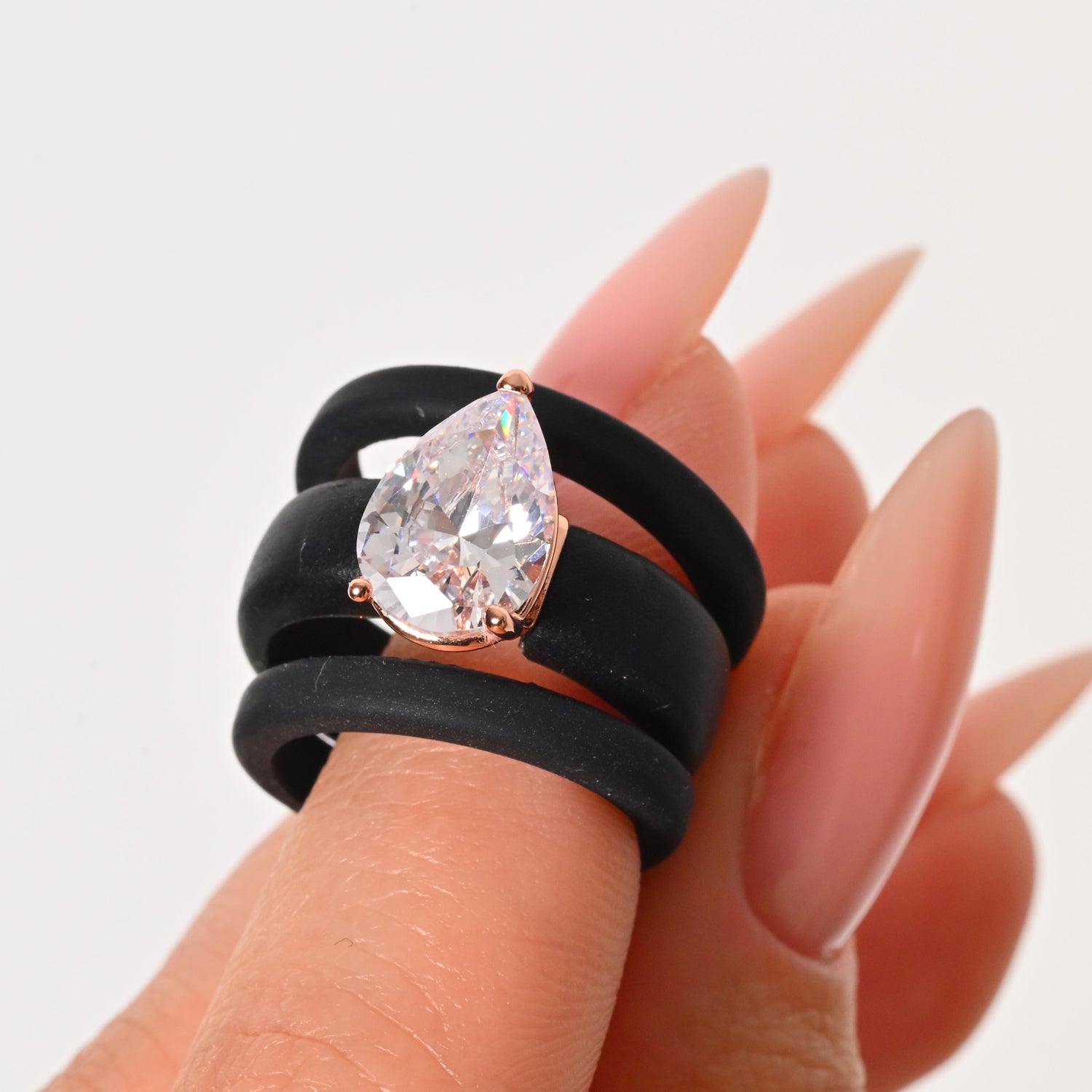 Pear Cut CZ Silicone Ring Set for Women, 2 Thin Stackable Rings, 8×12 mm Pear Cut CZ, Patent-Pending Design - GlowStone Collection