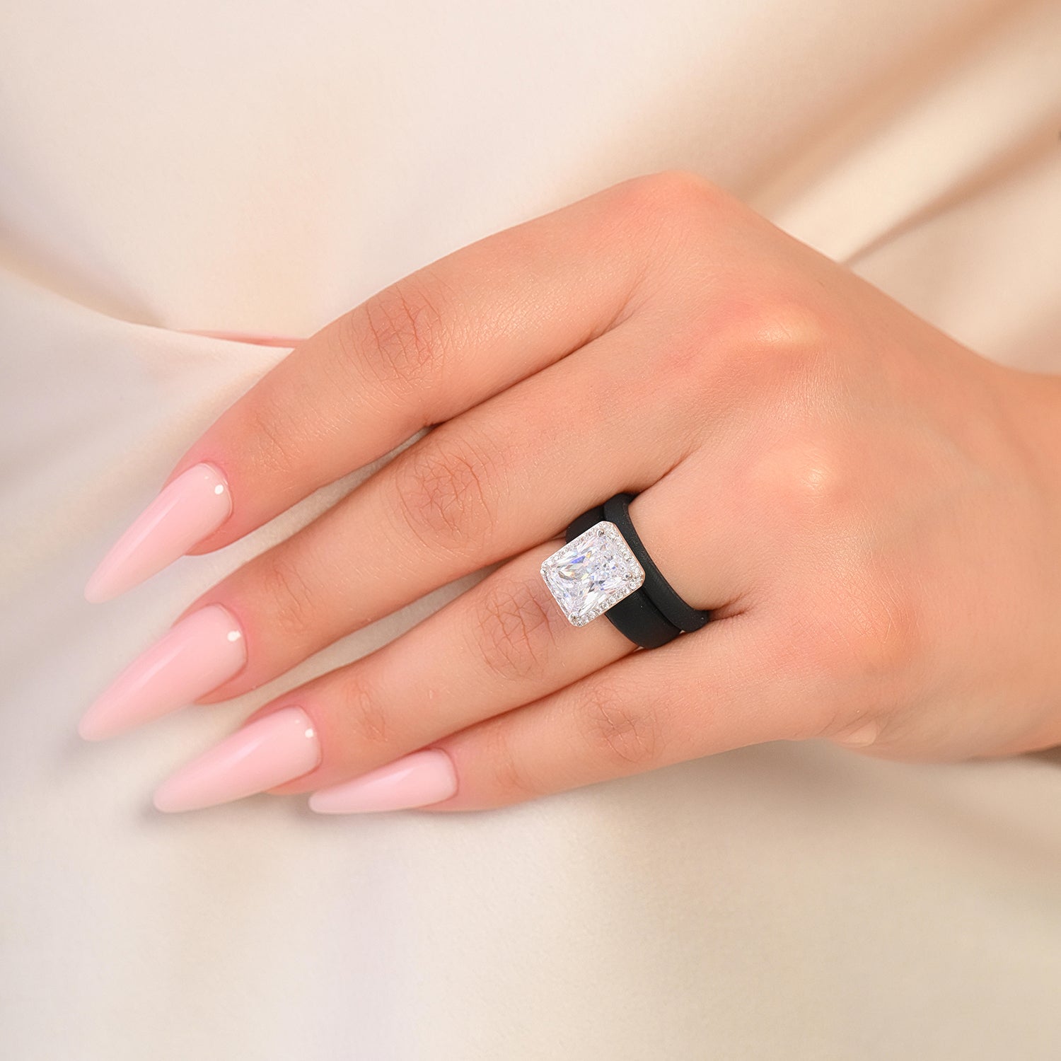 Rinfit Halo Silicone Ring Set for Women, Stackable 2-Ring Set, 10x8 mm CZ Stone + Thin Band - Patented Design