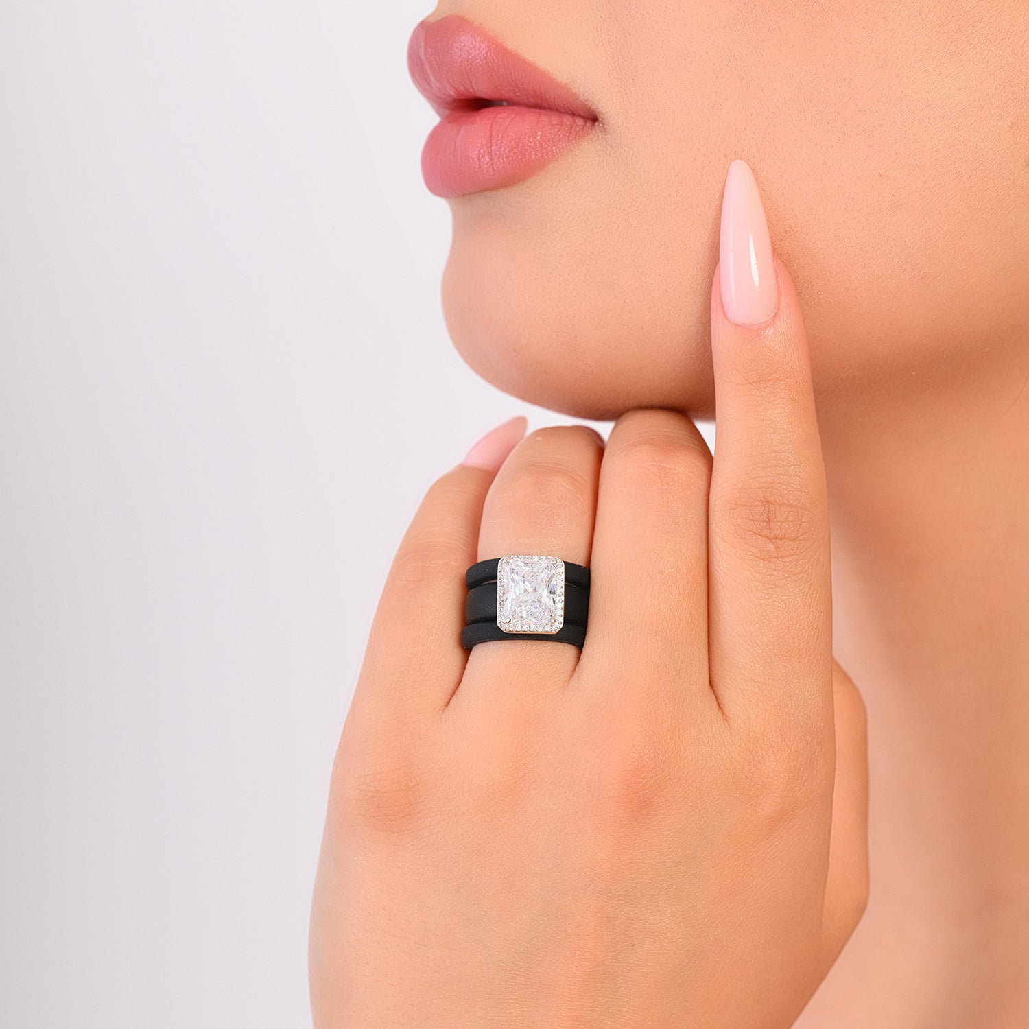 Rinfit Halo Silicone Ring Set for Women, Stackable 3 Ring Set, 10×8 mm CZ Stone + 2 Thin Rings | Patented Design