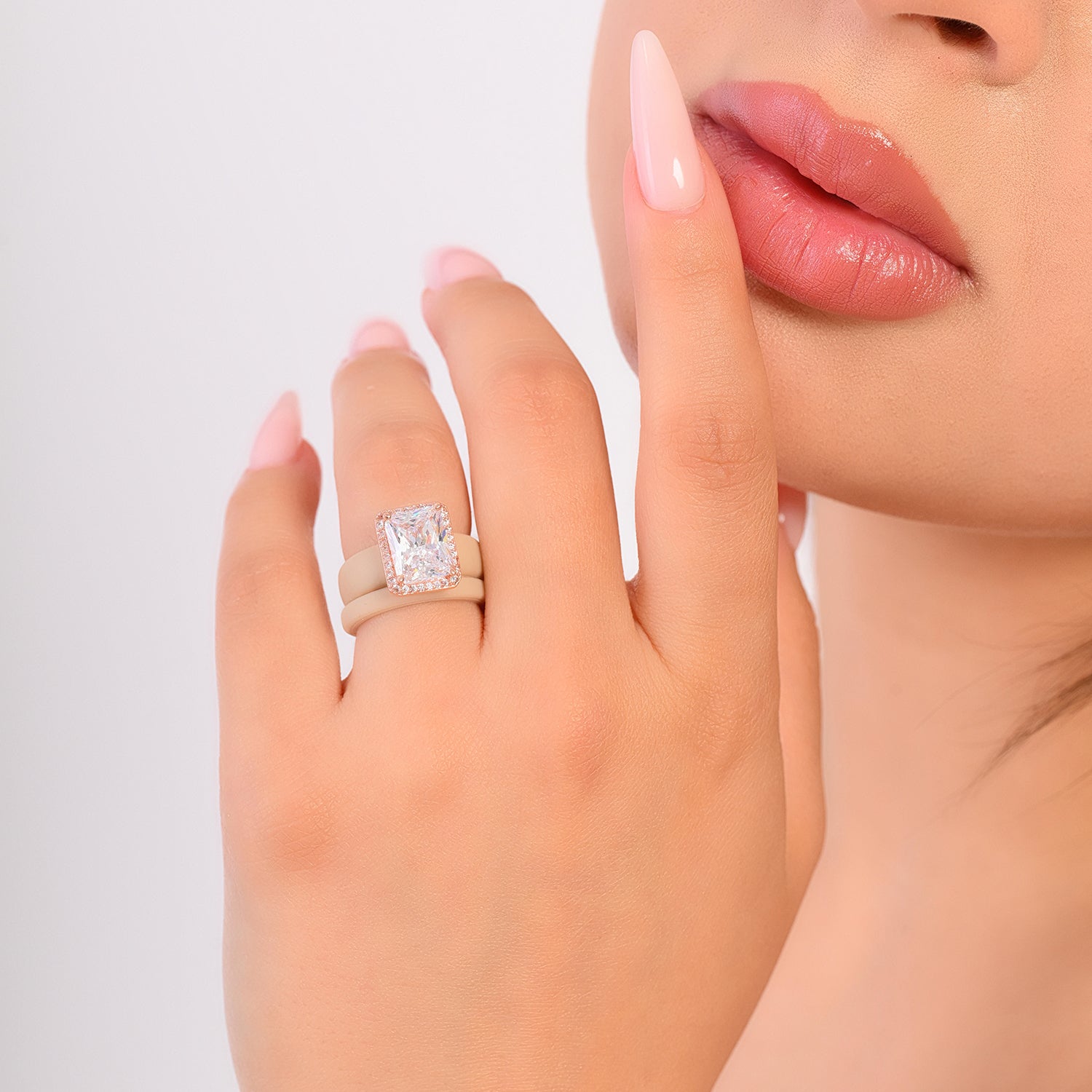 Rinfit Halo Silicone Ring Set for Women, Stackable 2-Ring Set, 10x8 mm CZ Stone + Thin Band - Patented Design