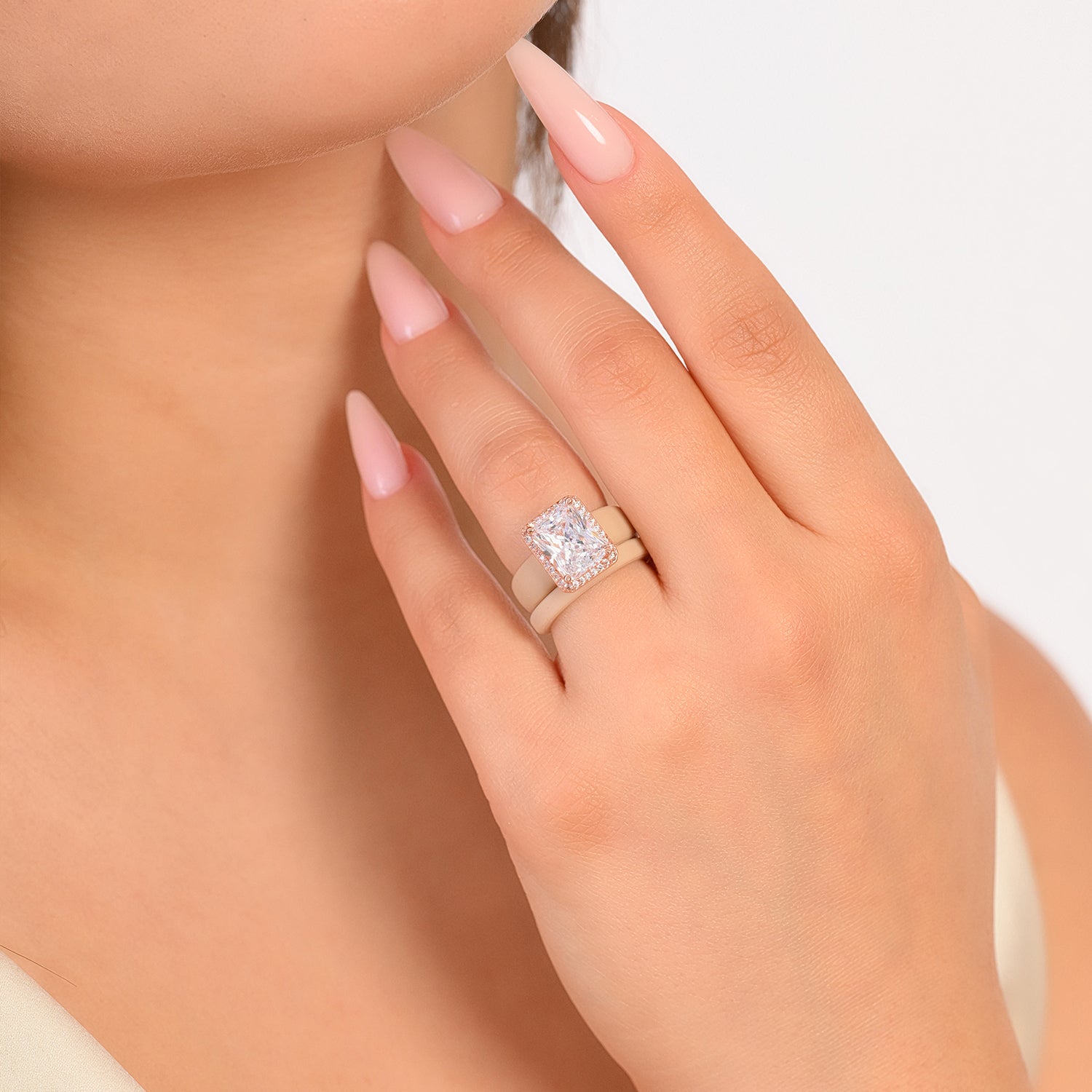 Rinfit Halo Silicone Ring Set for Women, Stackable 2-Ring Set, 10x8 mm CZ Stone + Thin Band - Patented Design