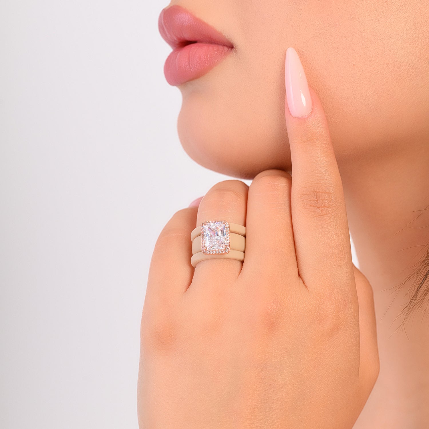 Rinfit Halo Silicone Ring Set for Women, Stackable 3 Ring Set, 10×8 mm CZ Stone + 2 Thin Rings | Patented Design
