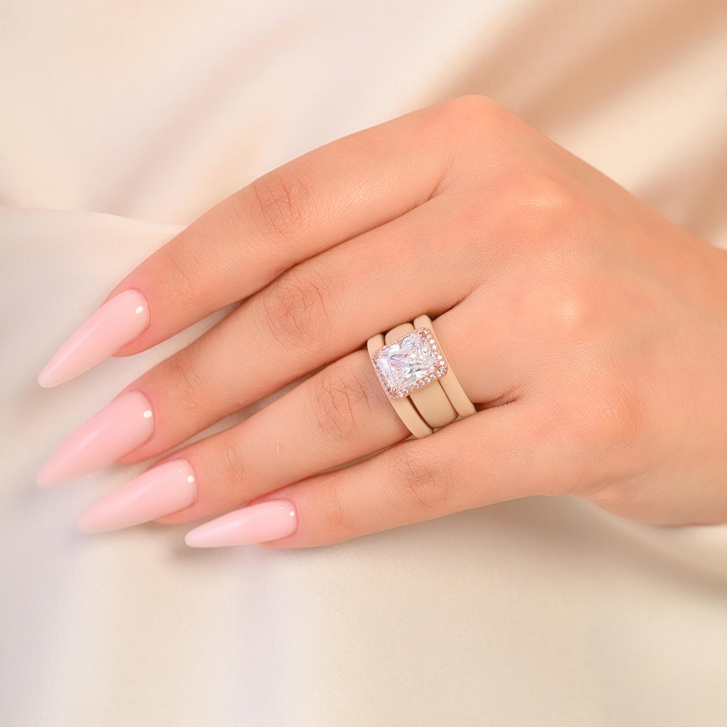 Rinfit Halo Silicone Ring Set for Women, Stackable 3 Ring Set, 10×8 mm CZ Stone + 2 Thin Rings | Patented Design