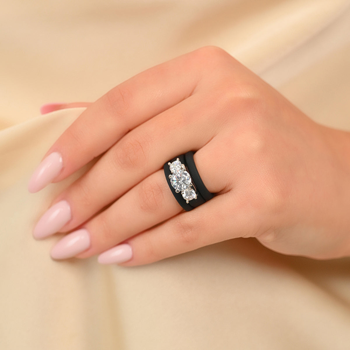 Rinfit Silicone Rings Set for Women, Stackable 3-Ring Set, Three Round CZ Stones + 2 Thin Bands - Patented Design