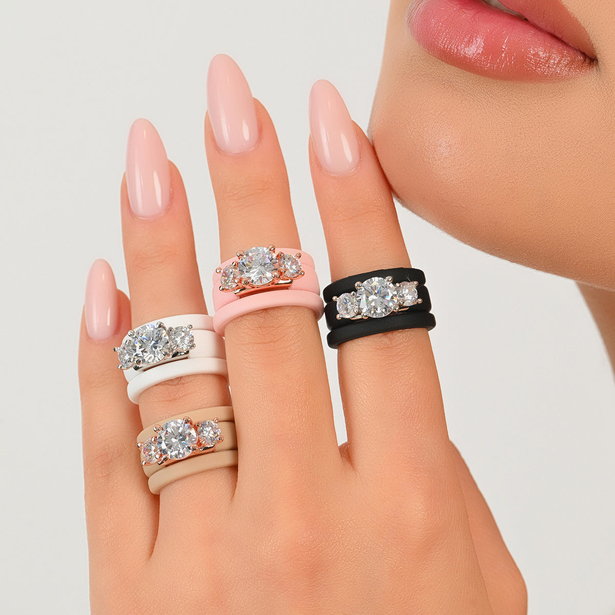 Rinfit Silicone Rings Set for Women, Stackable 3-Ring Set, Three Round CZ Stones + 2 Thin Bands - Patented Design