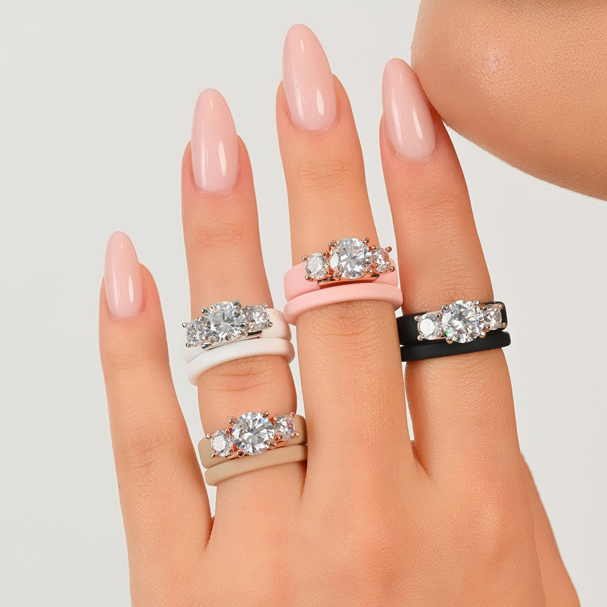 Rinfit Silicone Rings Set for Women, Stackable 2-Ring Set, Three Round CZ Stones + Thin Band - Patented Design