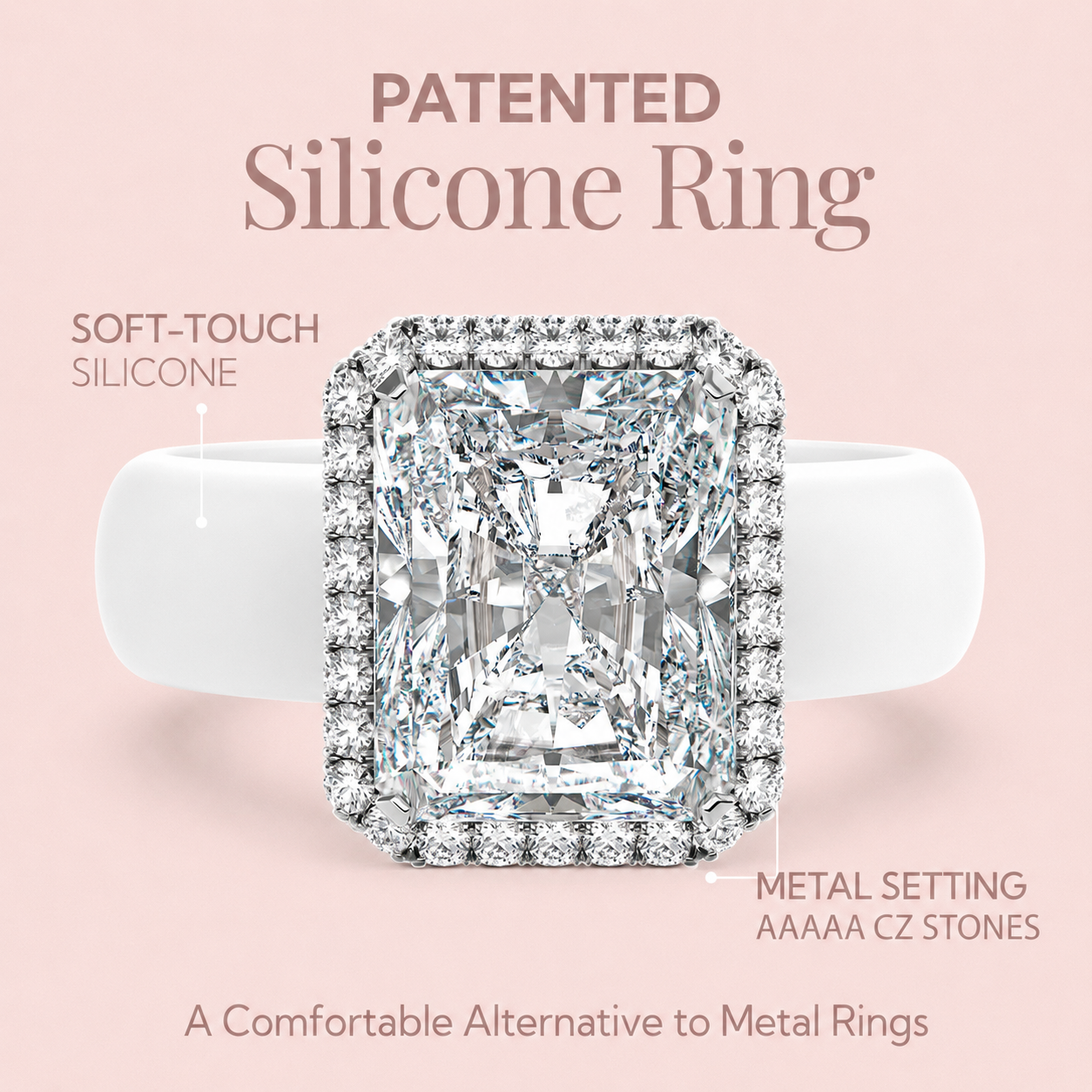 Rinfit Halo Silicone Ring Set for Women, Stackable 2-Ring Set, 10x8 mm CZ Stone + Thin Band - Patented Design