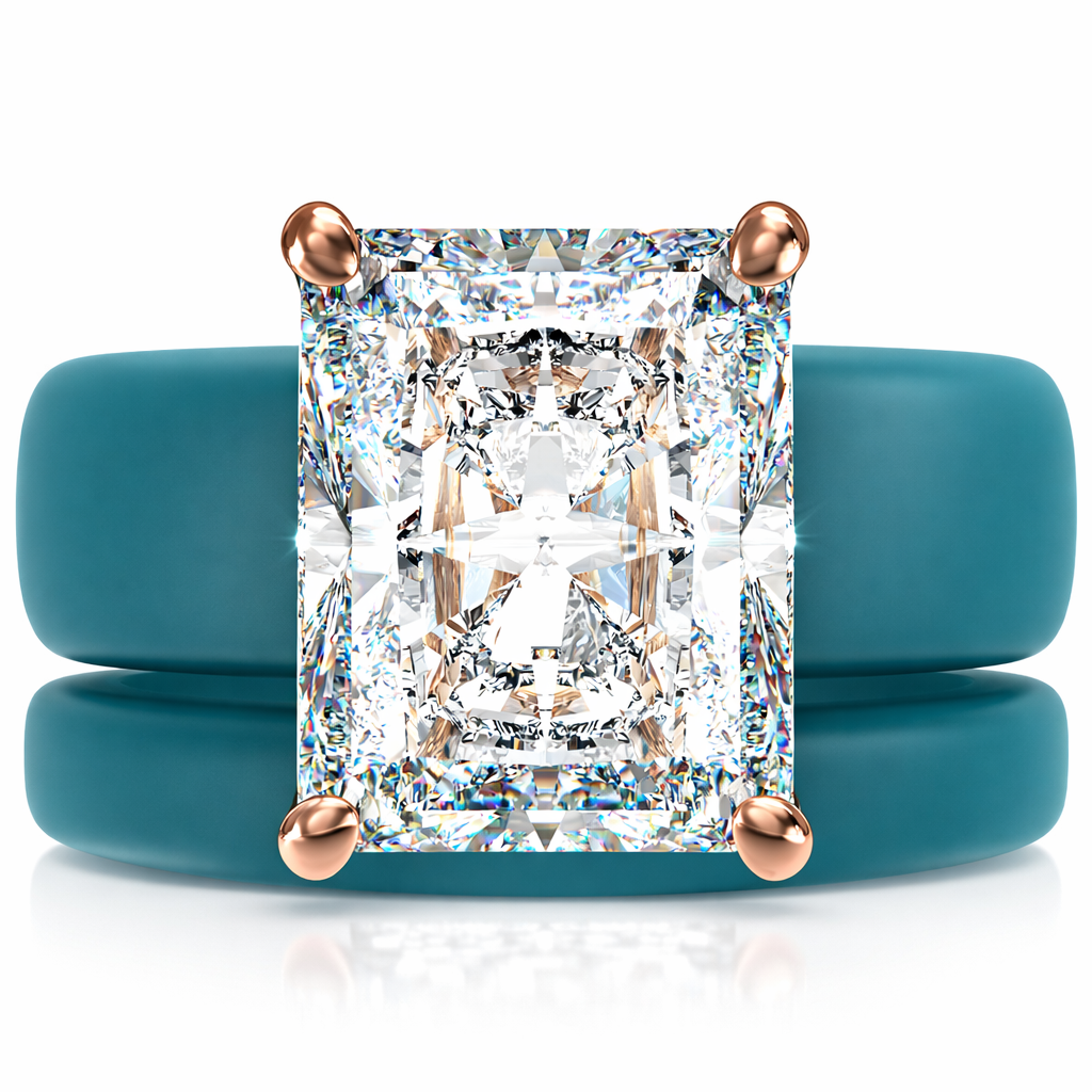 Emerald Cut CZ Silicone Ring Set for Women, Stackable 2-Ring Set, 10x8 mm CZ Stone, Thin Band, Patented Design, GlowStone Collection