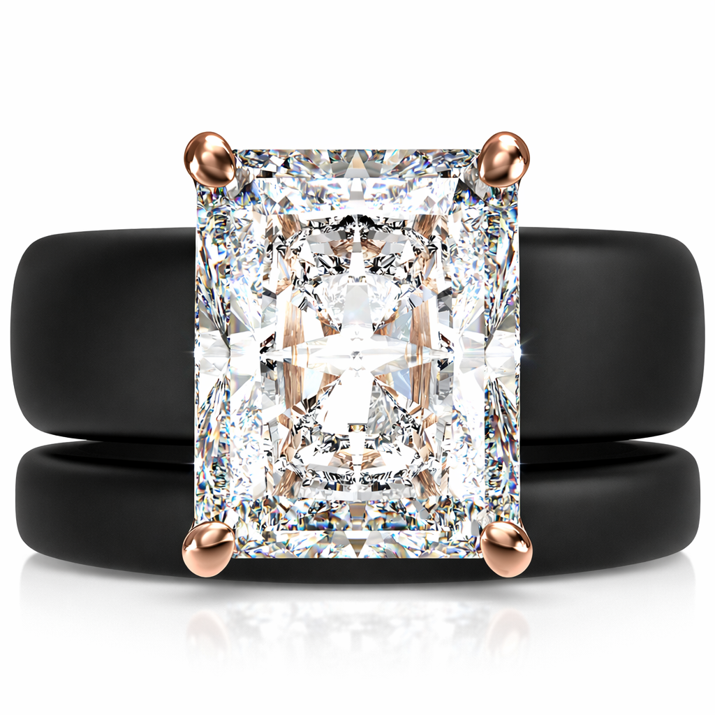 Emerald Cut CZ Silicone Ring Set for Women, Stackable 2-Ring Set, 10x8 mm CZ Stone, Thin Band, Patented Design, GlowStone Collection