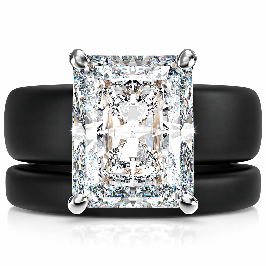 Emerald Cut CZ Silicone Ring Set for Women, Stackable 2-Ring Set, 10x8 mm CZ Stone, Thin Band, Patented Design, GlowStone Collection