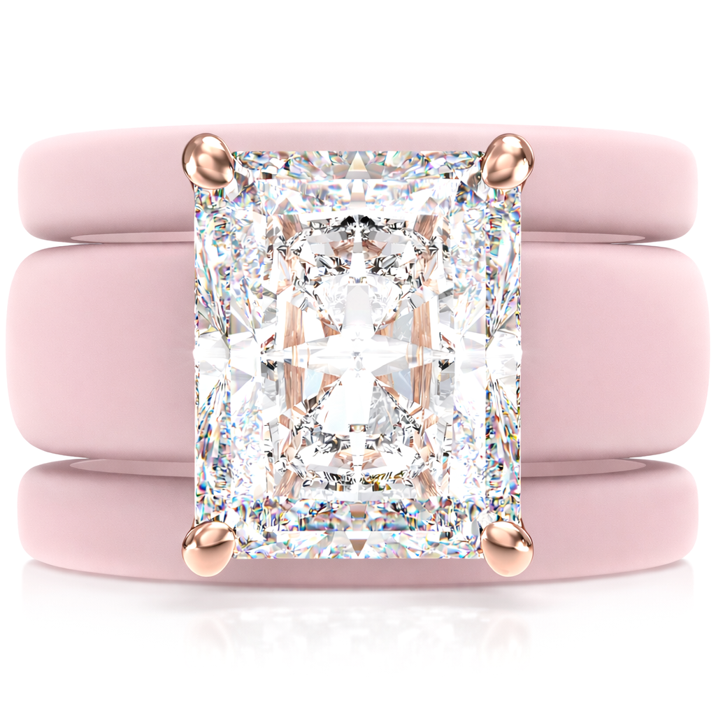 Emerald Cut CZ Silicone Ring Set for Women, 2 Thin Stackable Rings, 10x8 mm CZ Stone, Patented Design, GlowStone Collection